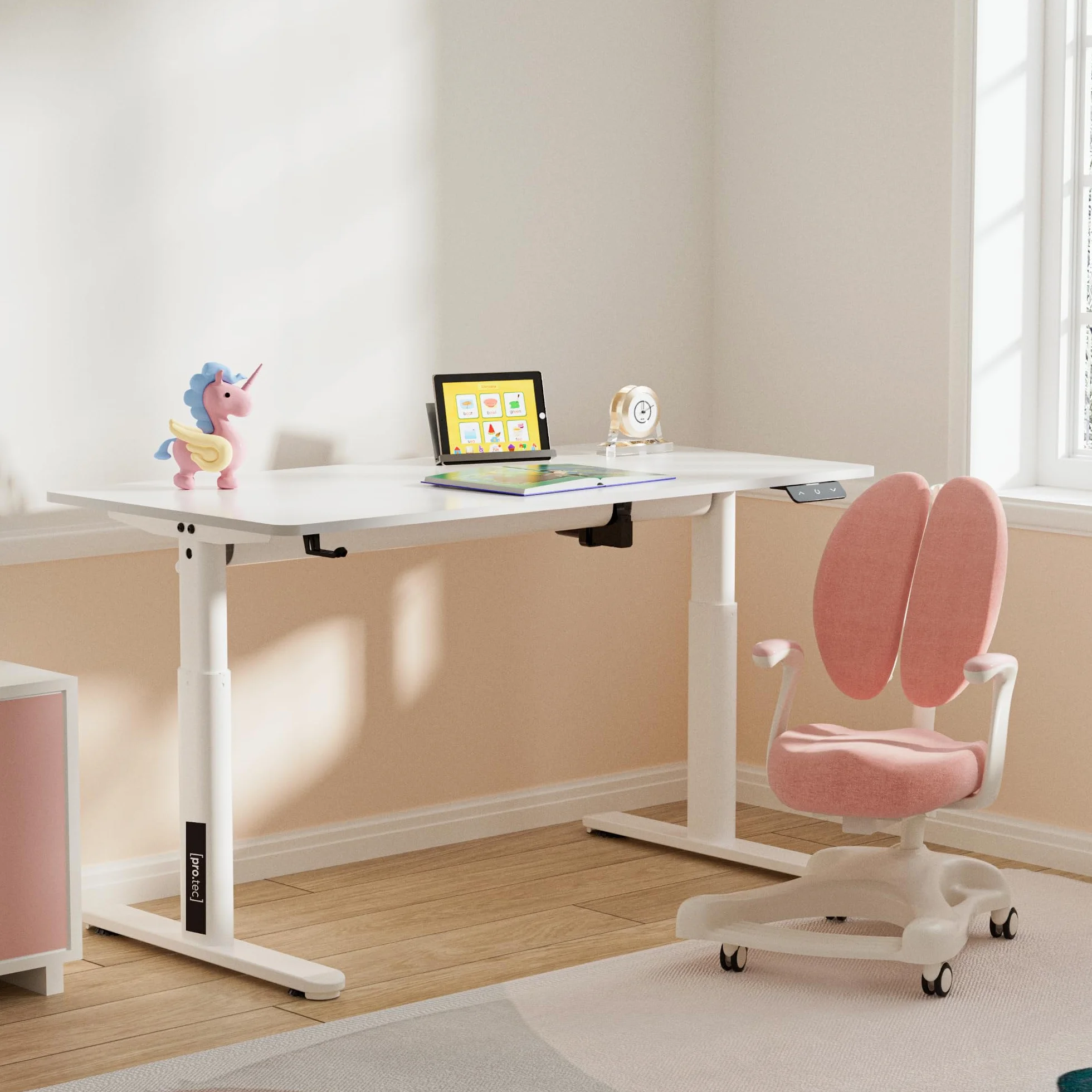 pro.tec Scrivania per Cameretta Scrivania Regolabile in Altezza 55-81 cm con Sollevamento Elettrico Tavolo per Bambini 120 x 60 cm - Bianco