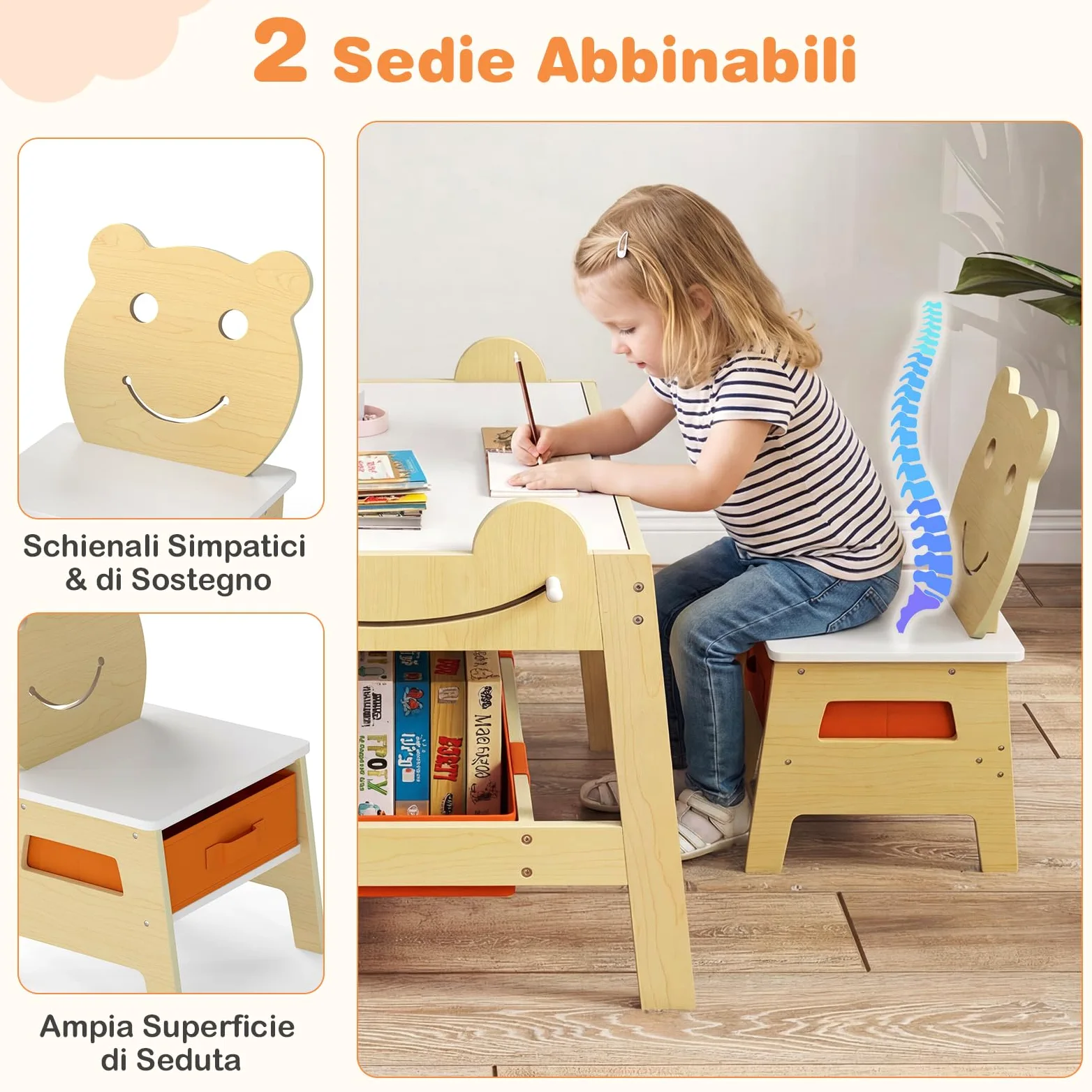 COSTWAY Set Tavolo e 2 Sedie per Bambini, 5 in 1 Tavolino e Sedie con 4 Ganci, 3 Scatole in Tessuto e Lavagna Reversibile per Bambini 3+ Anni per Cameretta Ragazzi (Naturale, Stile 5)