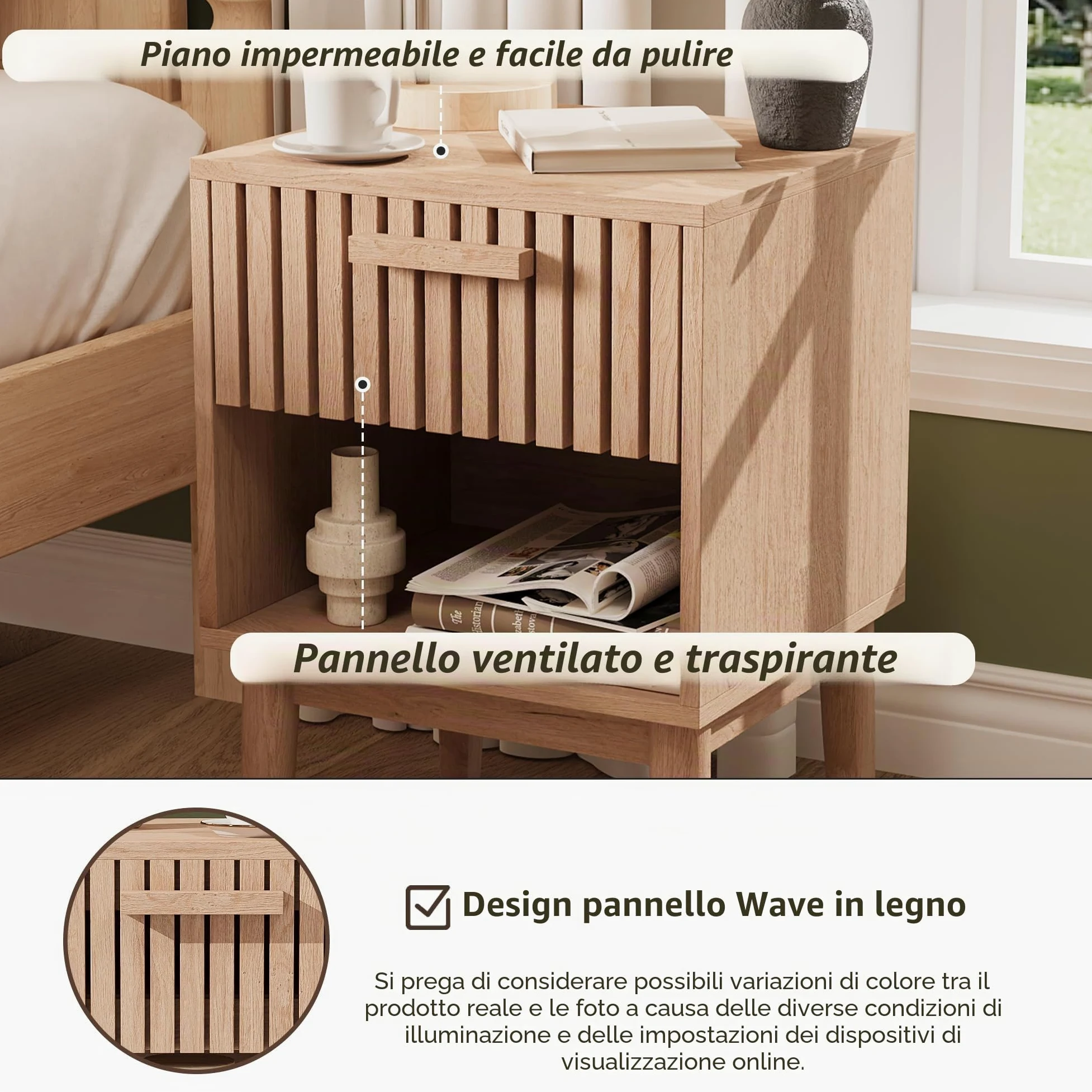 Set di 2 comodini da notte con cassetti e ripiano aperto, tavolino in legno con spazio di archiviazione, comodini moderni in stile boho per camera da letto, soggiorno, 40x35x55cm, colore