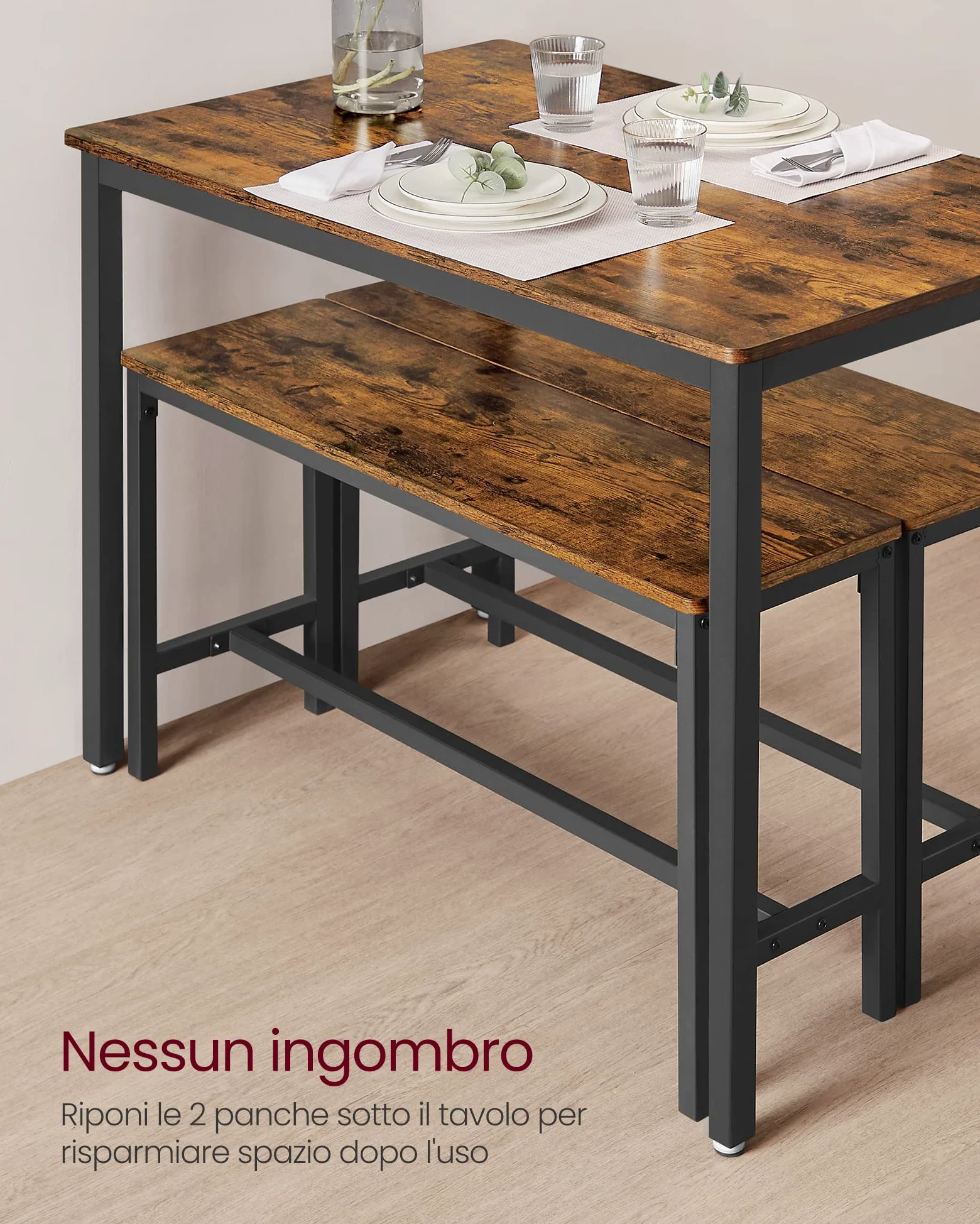 VASAGLE Tavolino da Pranzo con 2 Panche, Set di 3 Pezzi, Tavolo da Cucina 70 x 110 x 75 cm, 2 Panche 30 x 97 x 50 cm, Struttura in Acciaio, Marrone Vintage e Nero KDT070B01