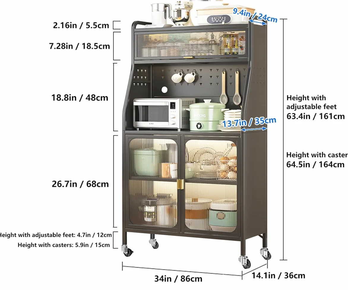 Mobile Dispensa Cucina, Credenza Cucina Alta, 86 x 36 x 164cm, con Rotelle con Gancio, Foro Per Cavi, Porta Magnetica 5 Piani Mobile Microonde, Adatto Alle Cucine, Nero