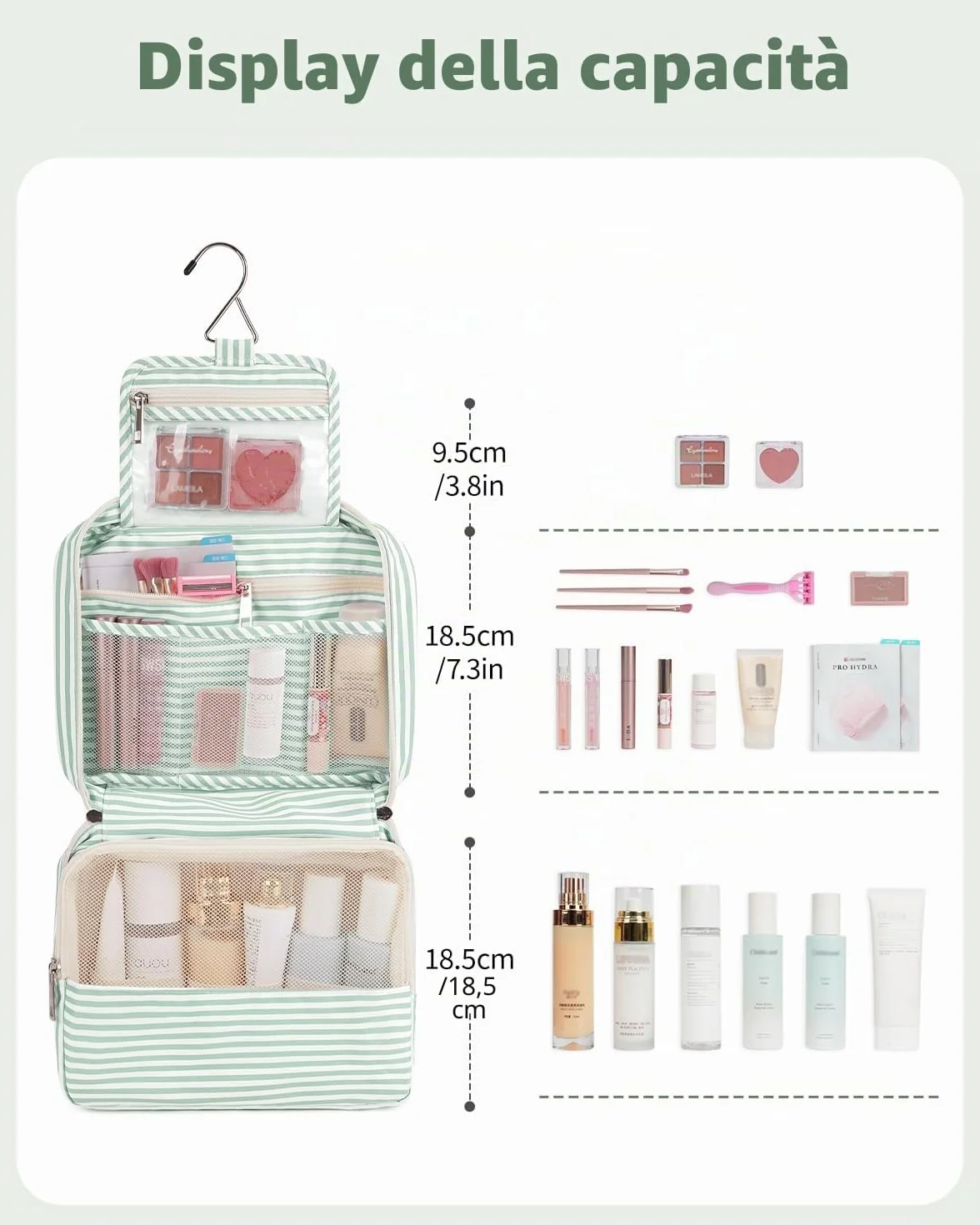 Narwey Beauty Case da Viaggio Appendere Borsa Toilette Wash Bag Travel Kit Trousse Trucchi Donna Uomo (Striscia Verde Menta)