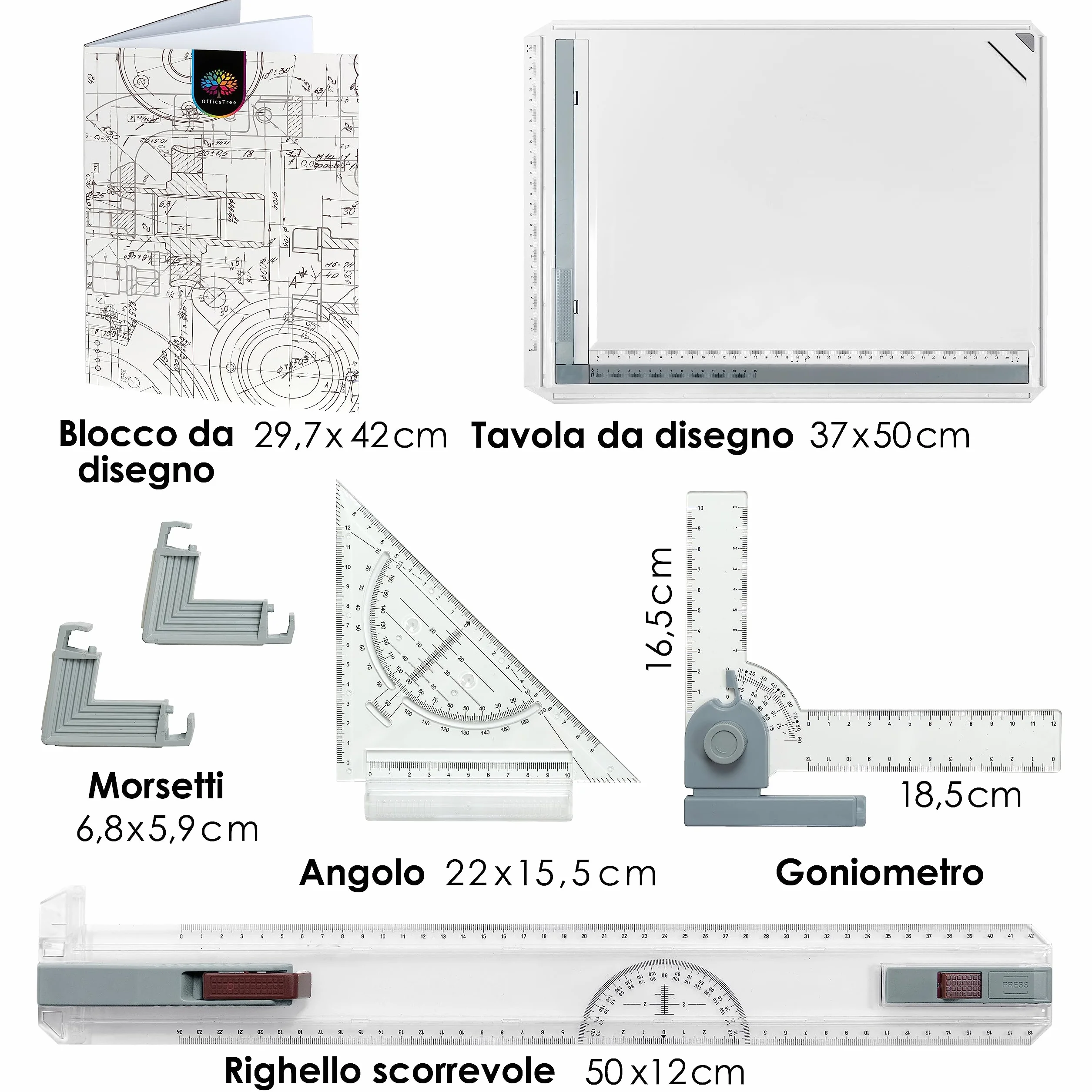 OfficeTree Tavola Disegno Tecnico 37x50 cm 7 Pezzi Geo Board