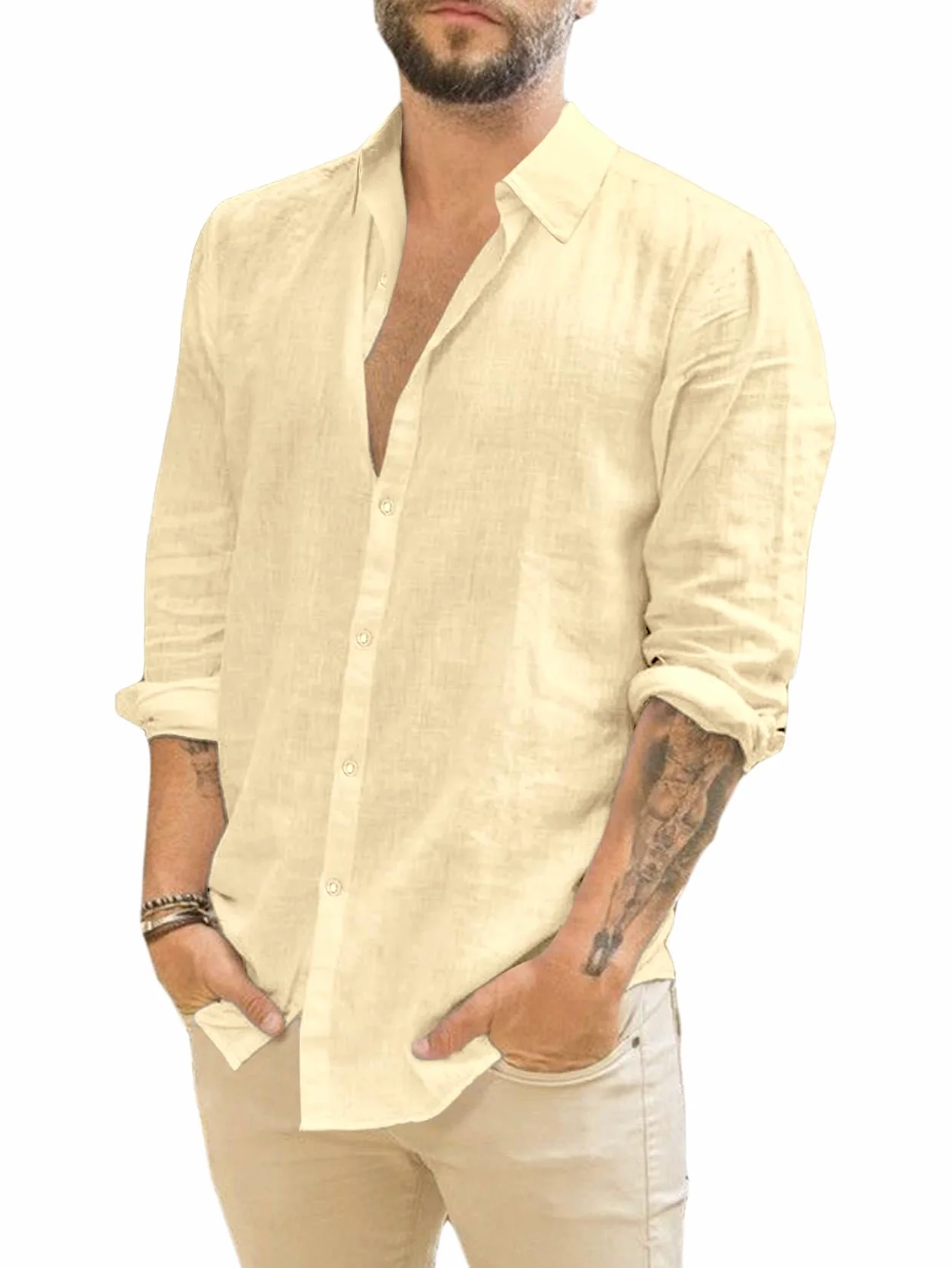 Runcati Camicia da Uomo in Lino a Maniche Lunghe con Colletto Rovesciato
