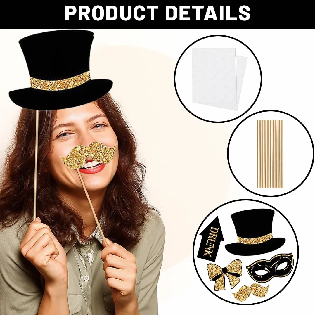 Accessori Photo Booth 30 Pezzi Nero Oro Decorazione Feste Matrimonio Compleanno