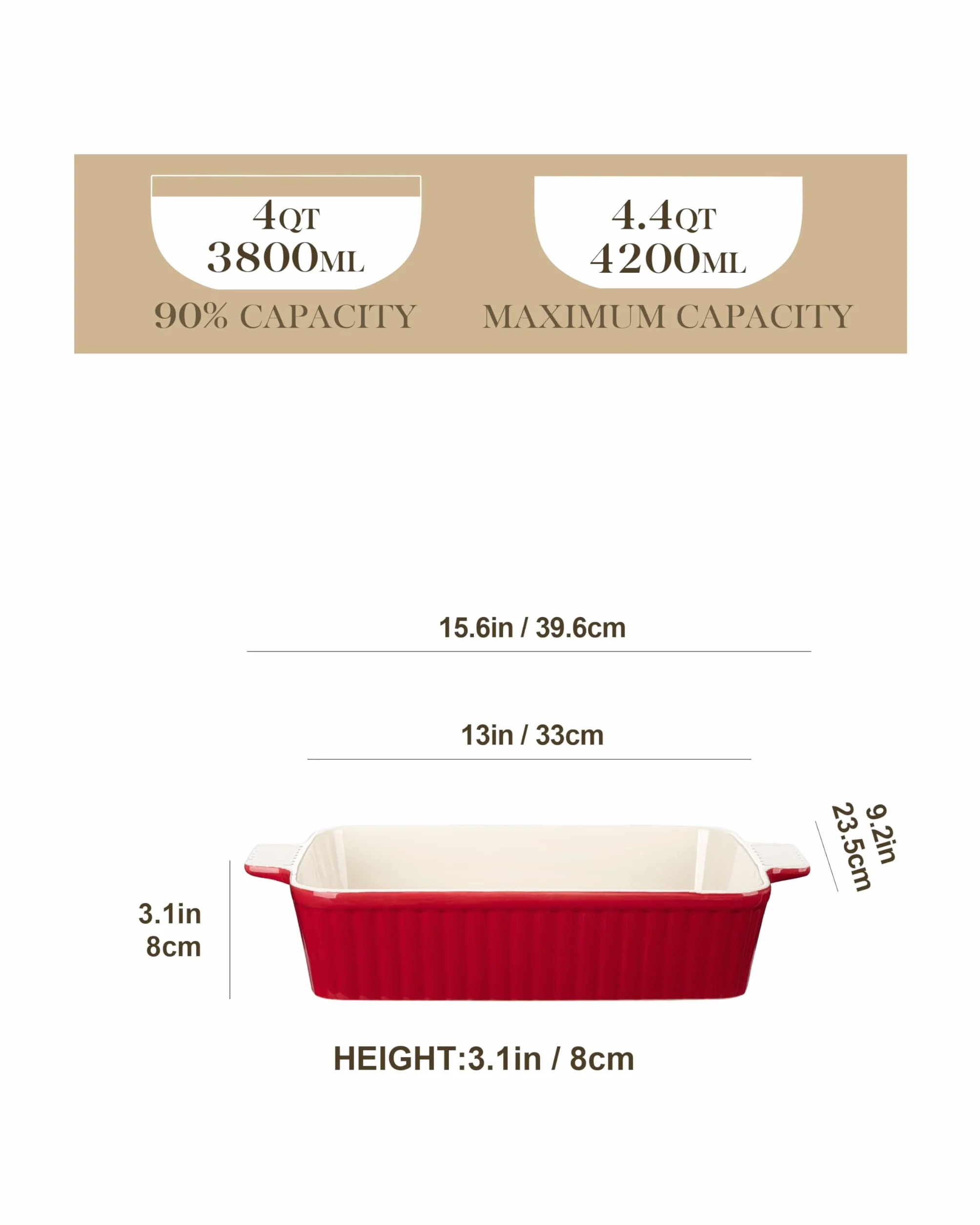 MALACASA Serie BAKE, Teglia Rettangolare in Porcellana da 4200 ml, Grande Teglia con Manici per Gratin e Casseruole, Lavabile in Lavastoviglie, Rosso