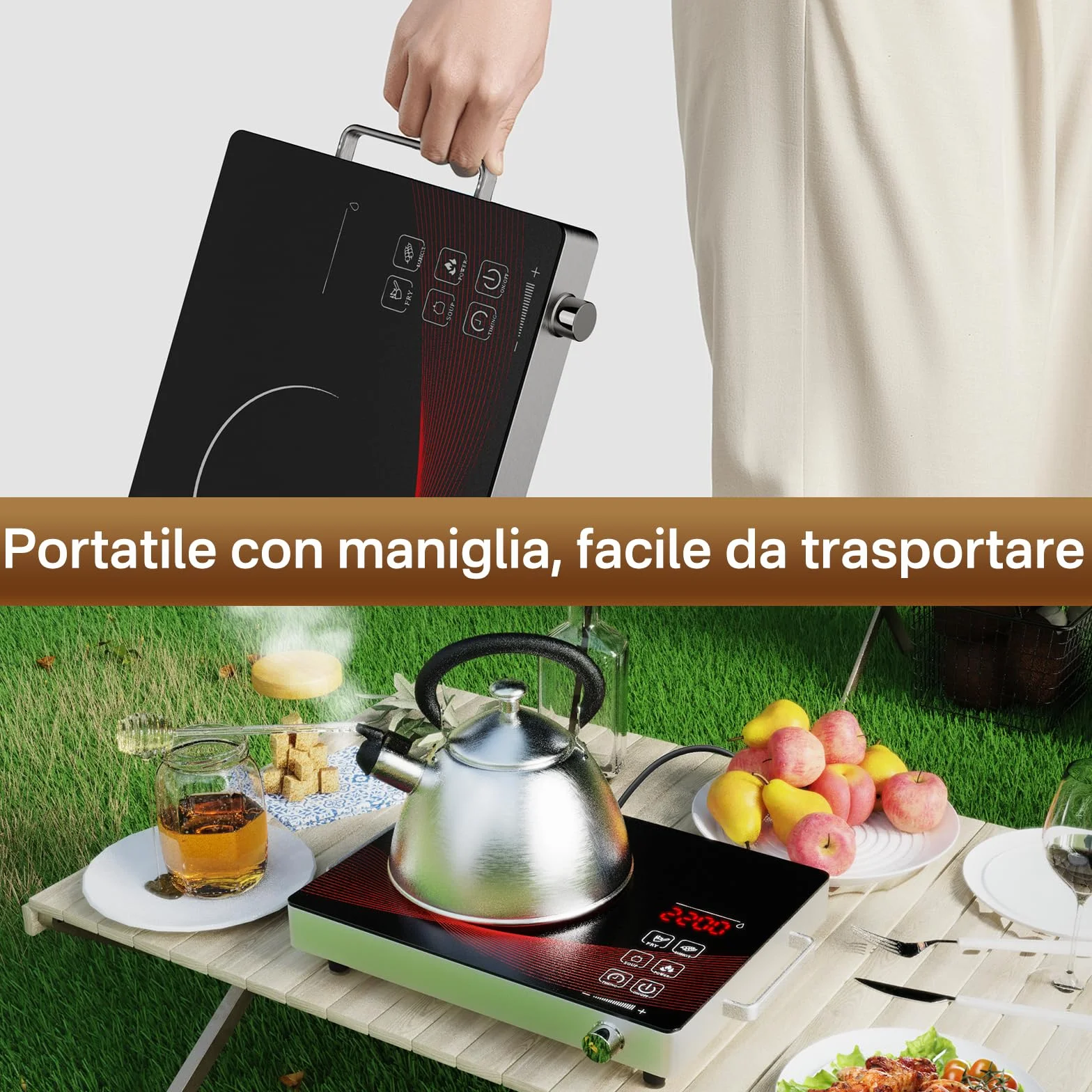 Fornello Elettrico 1 Fuoco a Infrarossi Portatile, Piastra Vetroceramica con Controllo Touch, Temperatura Regolabile RR-912-Black