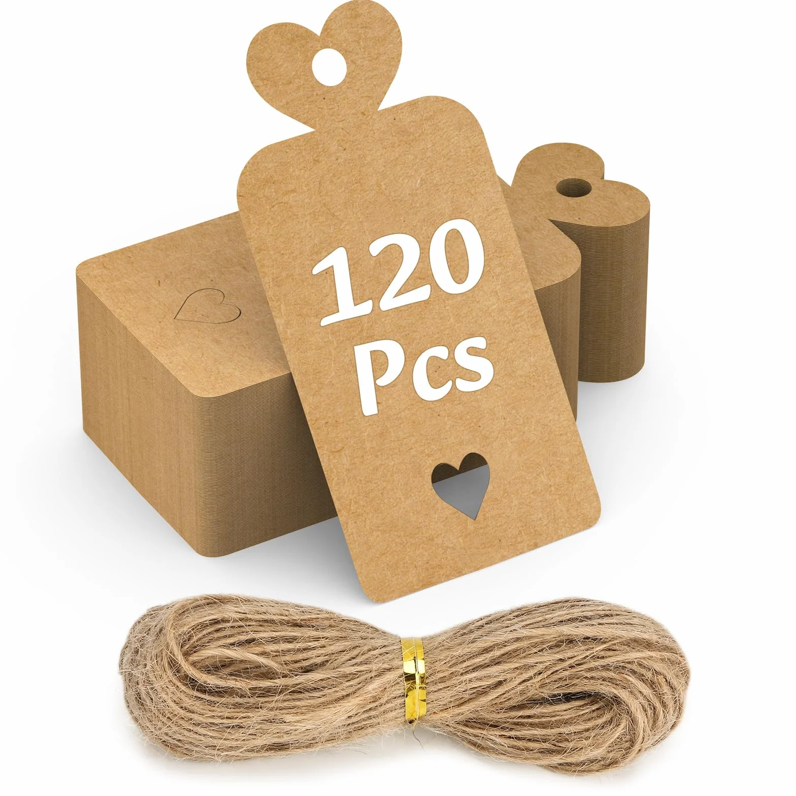 120PCS Cartoncini per Bomboniere 5x10CM Carta Kraft Etichette Vuote con Filo & 30M Juta Naturale DIY per Regali di Matrimonio, Regali, Etichette Marroni, Prezzo, Etichette con Filo-Cuore
