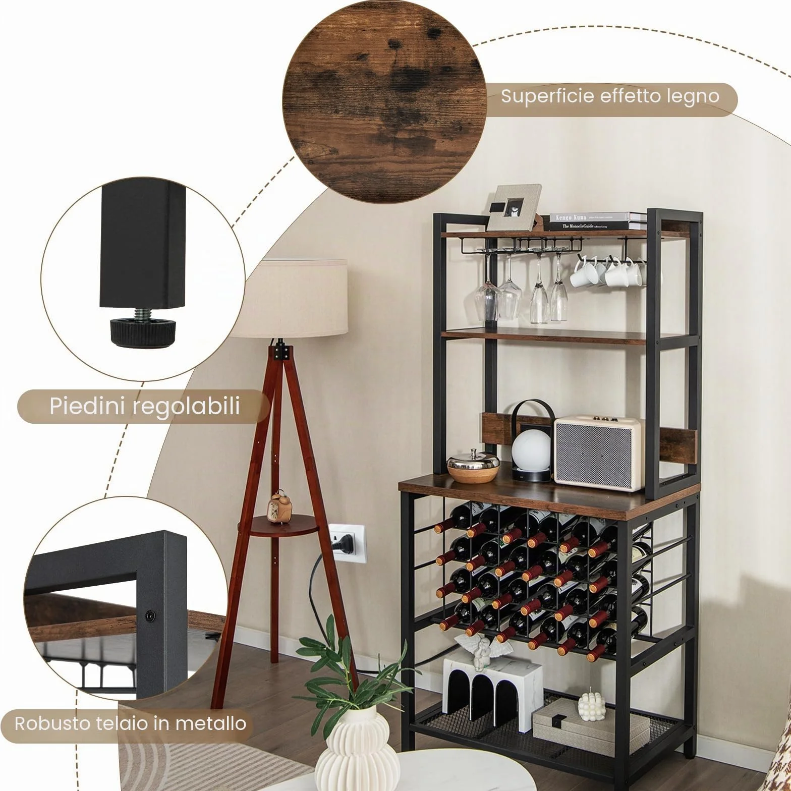 GIANTEX Scaffale Da Cucina Con Prese e Porte Usb, Armadietto Per Vino Con Supporto In Vetro Per 24 Bottiglie e 9 Bicchieri, Scaffale a 4 Livelli, 76 x 48 x 163 cm