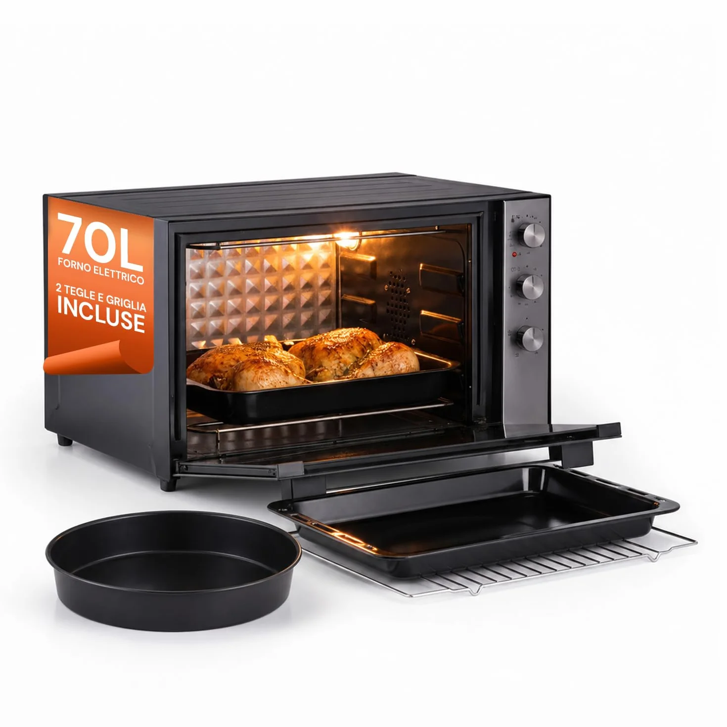 Forno Elettrico Ventilato XXL 70L 2500W con Doppia Resistenza, Timer, Cottura Combinata fino a 230°C