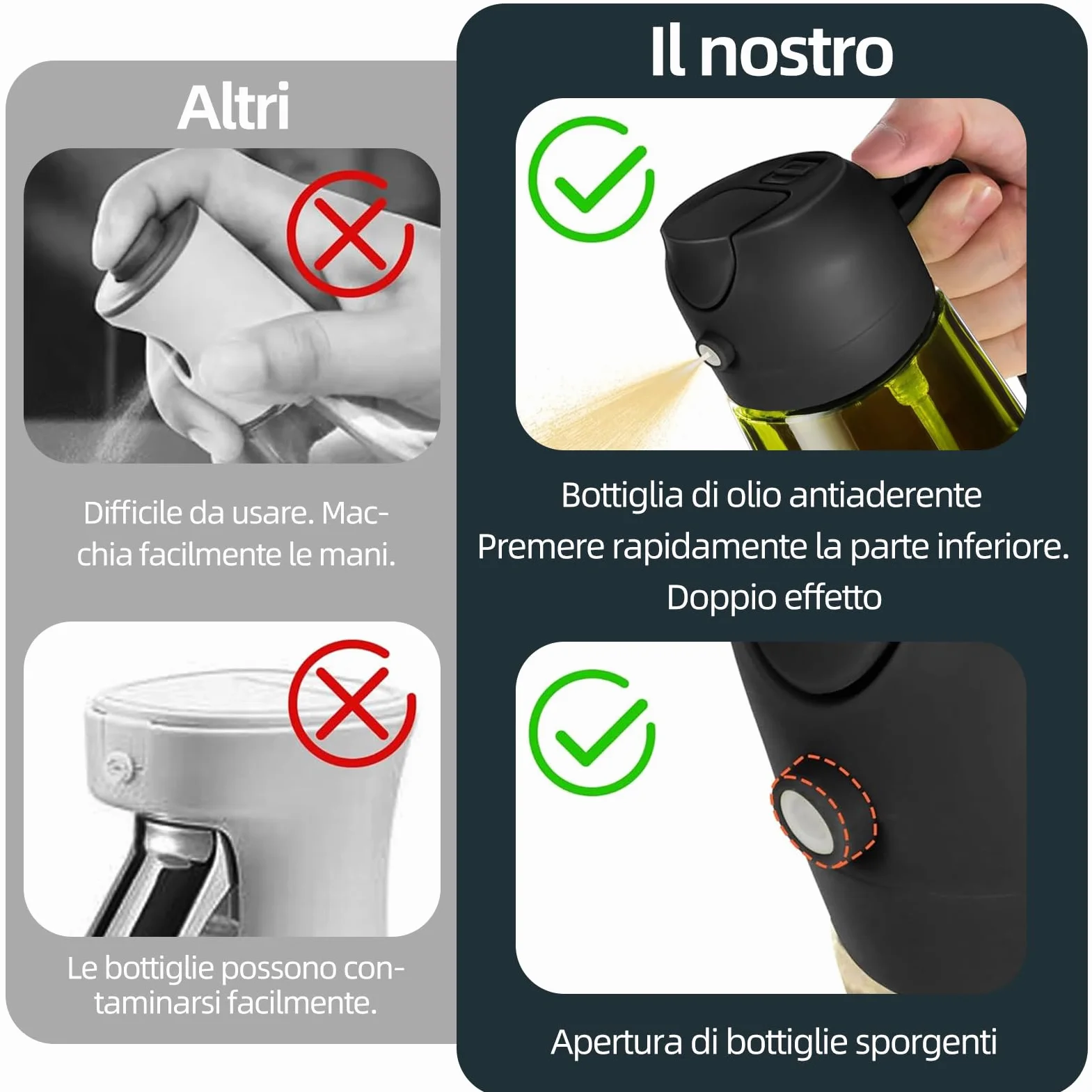 Spruzzatore per olio in vetro da 470 ml, 2 in 1, dispenser e flacone spray – per cucina, friggitrice ad aria e grill – senza BPA, a prova di perdite, riutilizzabile