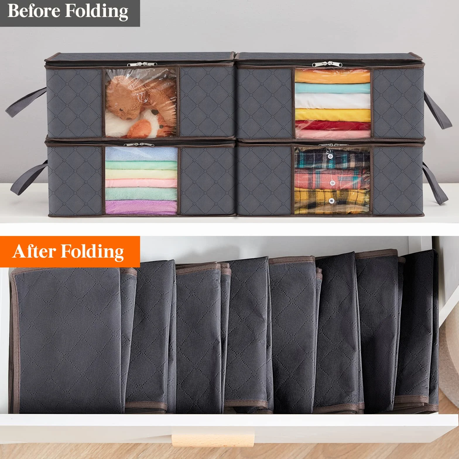 Lifewit Borsa Pieghevole per Vestiti Confezione da 4, Scatola Organizer per Stoccaggio Indumenti con Maniglia Rinforzata e Finestra Trasparente per Asciugamani, Maglioni, Magliette, 35L, Grigio