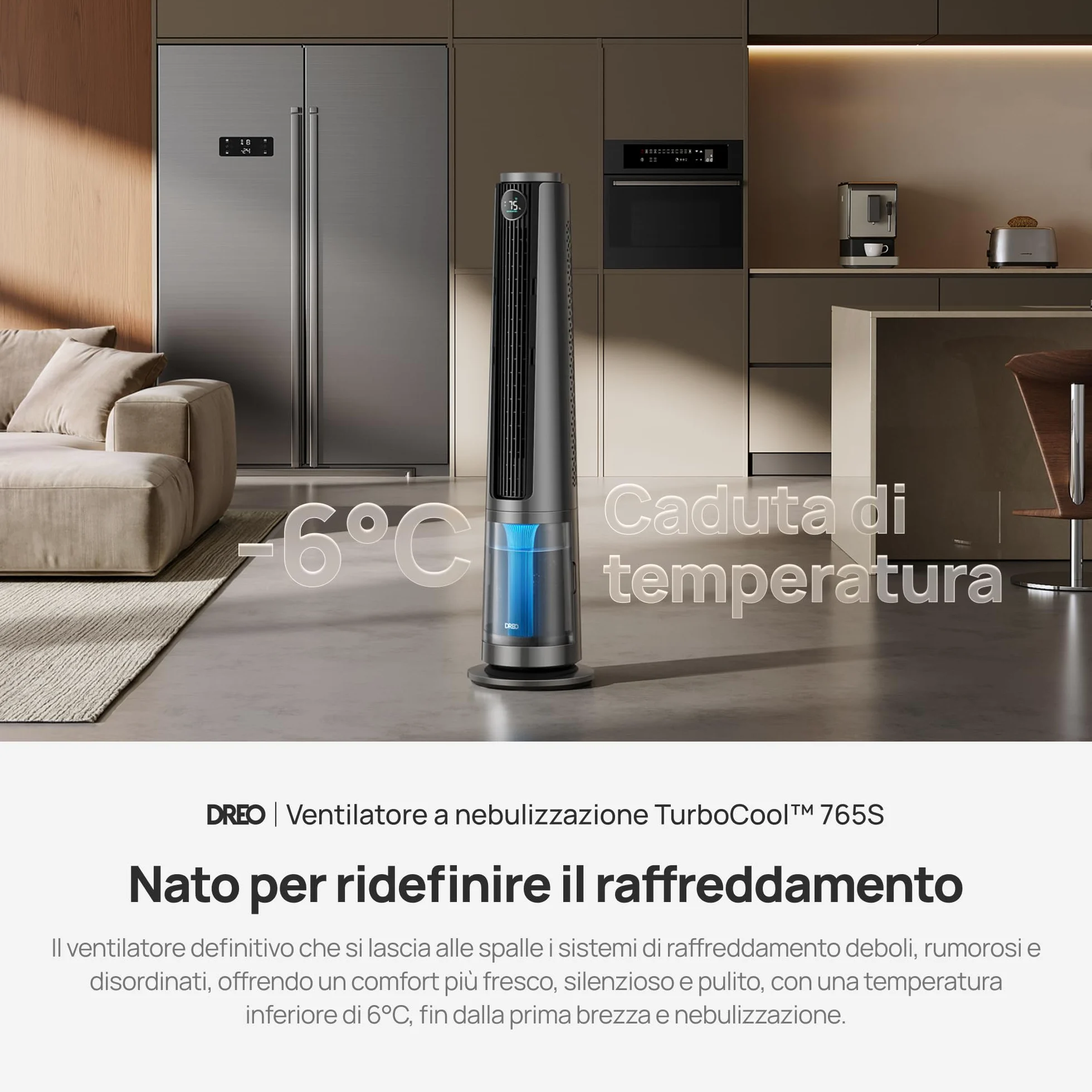DREO TurboCool 765S - Ventilatore a Nebulizzazione 3 in1, Serbatoio 6L, 10.4m/s, Motore DC 20dB, 90° Oscillante, 12 Velocità, 4 Modalità, Raffreddamento Rapido per Camera da Letto