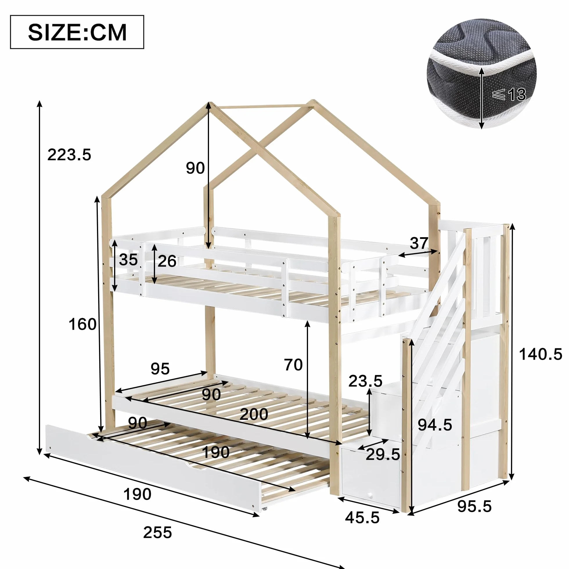 Rtopsu Letto per Bambini a Castello 90x200 cm con Letto Estraibile, Letto a Soppalco per Ragazzi con Scale e Contenitore Cassetti, Rete a Doghe in Legno, Bianco, Senza Materasso