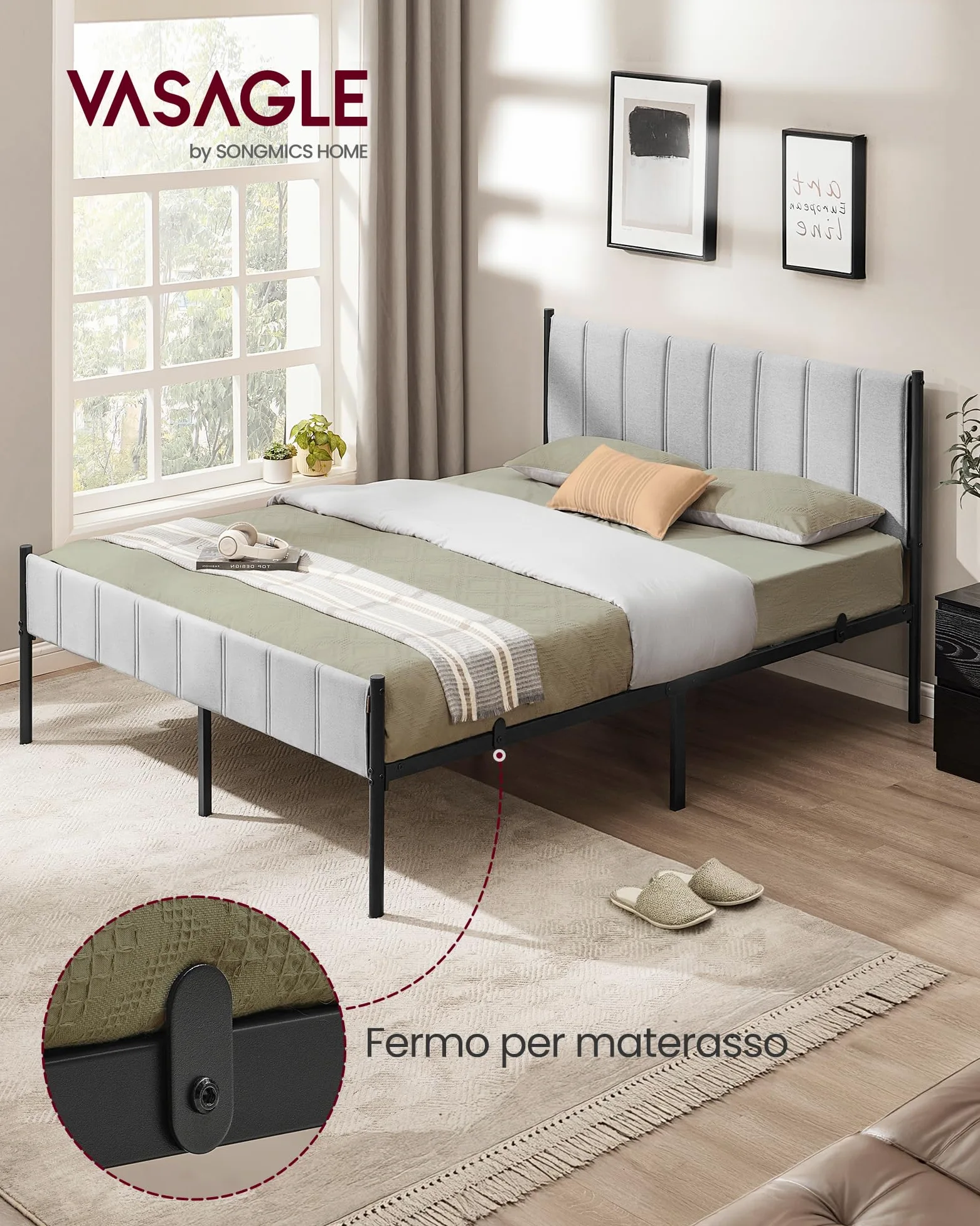 VASAGLE Struttura Letto Matrimoniale, 160 x 200 cm, con Testiera Imbottita, Telaio del Letto, Doghe in Acciaio, Regge fino a 500 kg, Montaggio Facile, Grigio Tortora RMB975G01