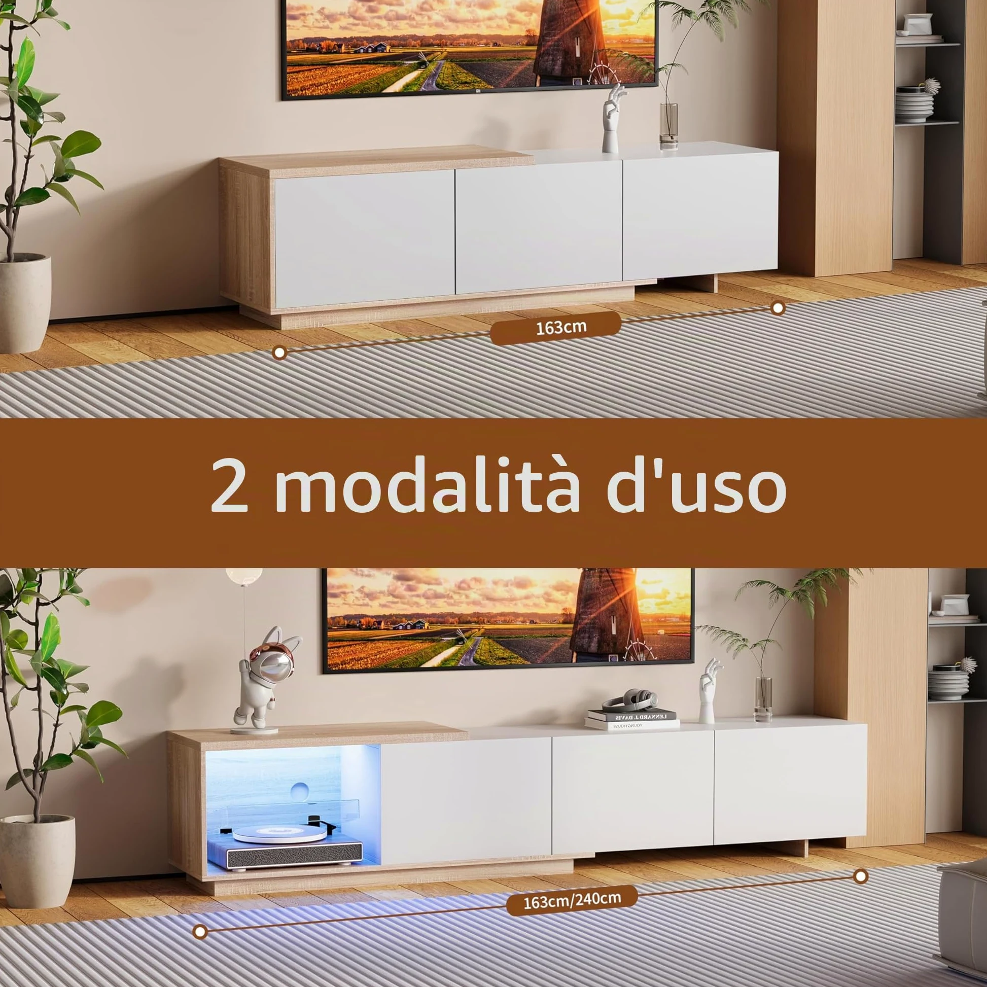 BRILVERDE Credenza TV Regolabile Moderna 163-240 cm, Bianco con Luci LED, 3 Cassetti - Mobile Soggiorno a Bassa Altezza, Finitura Lucida Effetto Legn (Bianco)