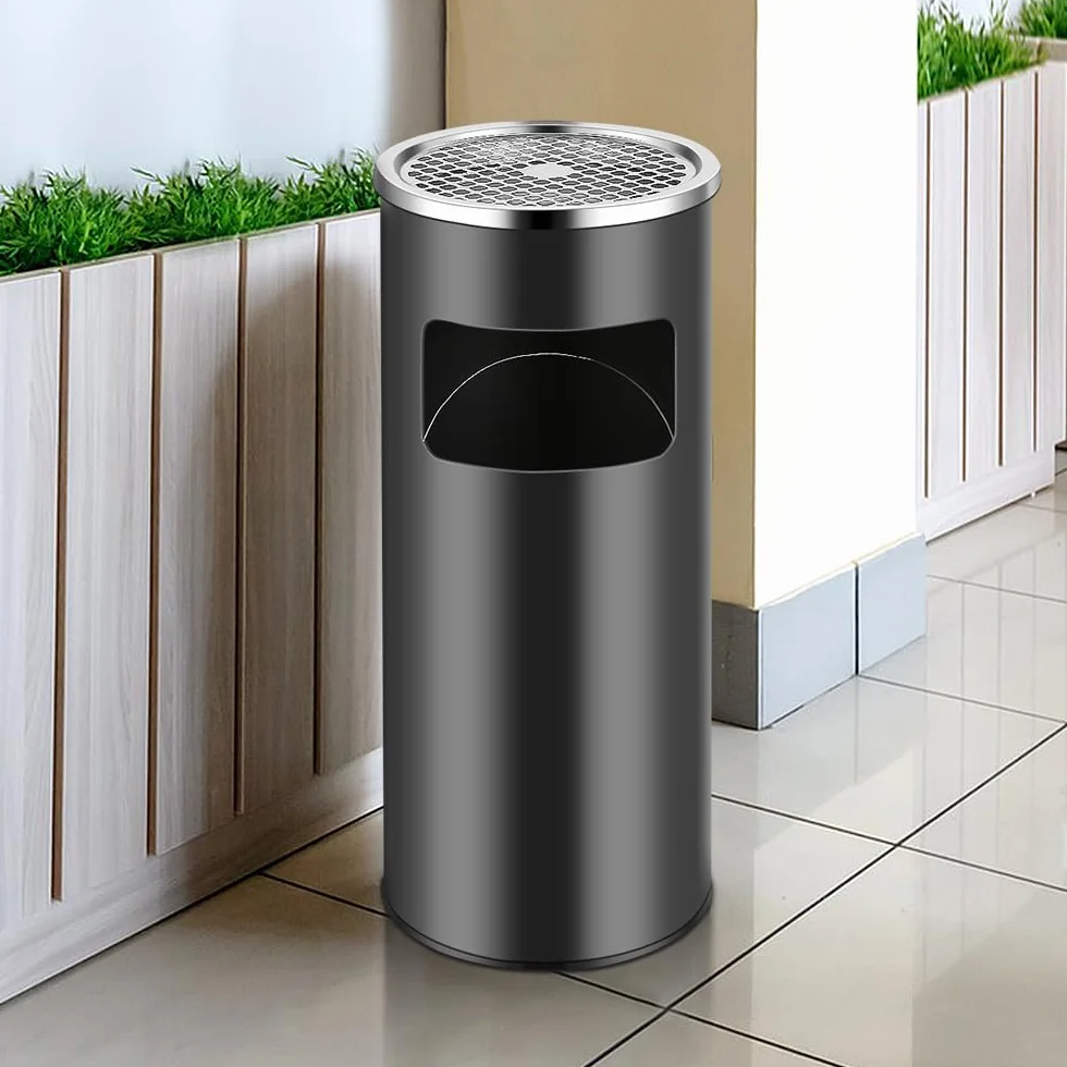 Pattumiera con Posacenere da 30 L in Acciaio per Esterno, Cestino Interno Rimovibile, Contenitore Rifiuti per Ufficio Hotel Giardino
