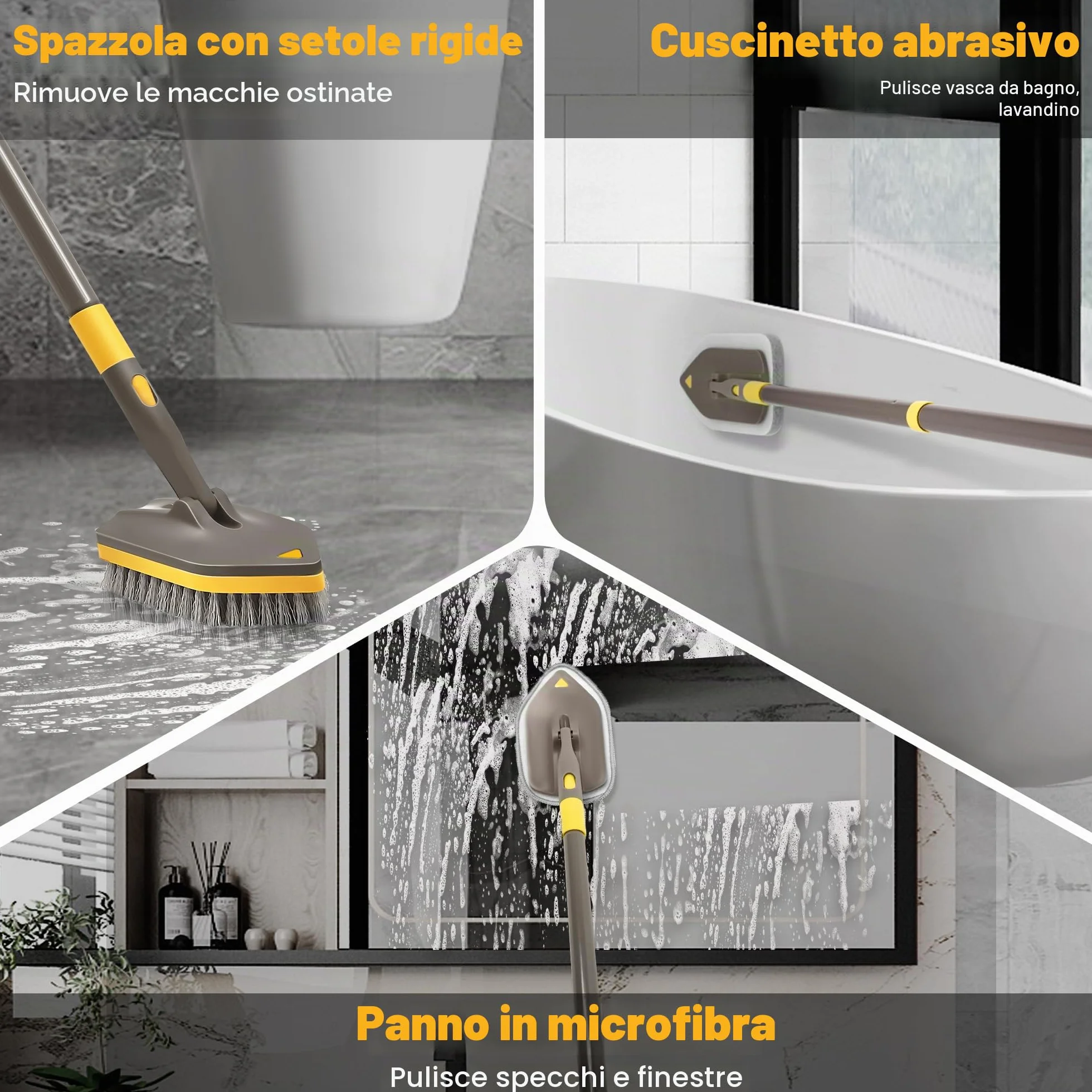 NEWE 3 in 1 Spazzola per la Pulizia della Doccia con Manico Telescopico 142 cm 4 Testine Sostituibili