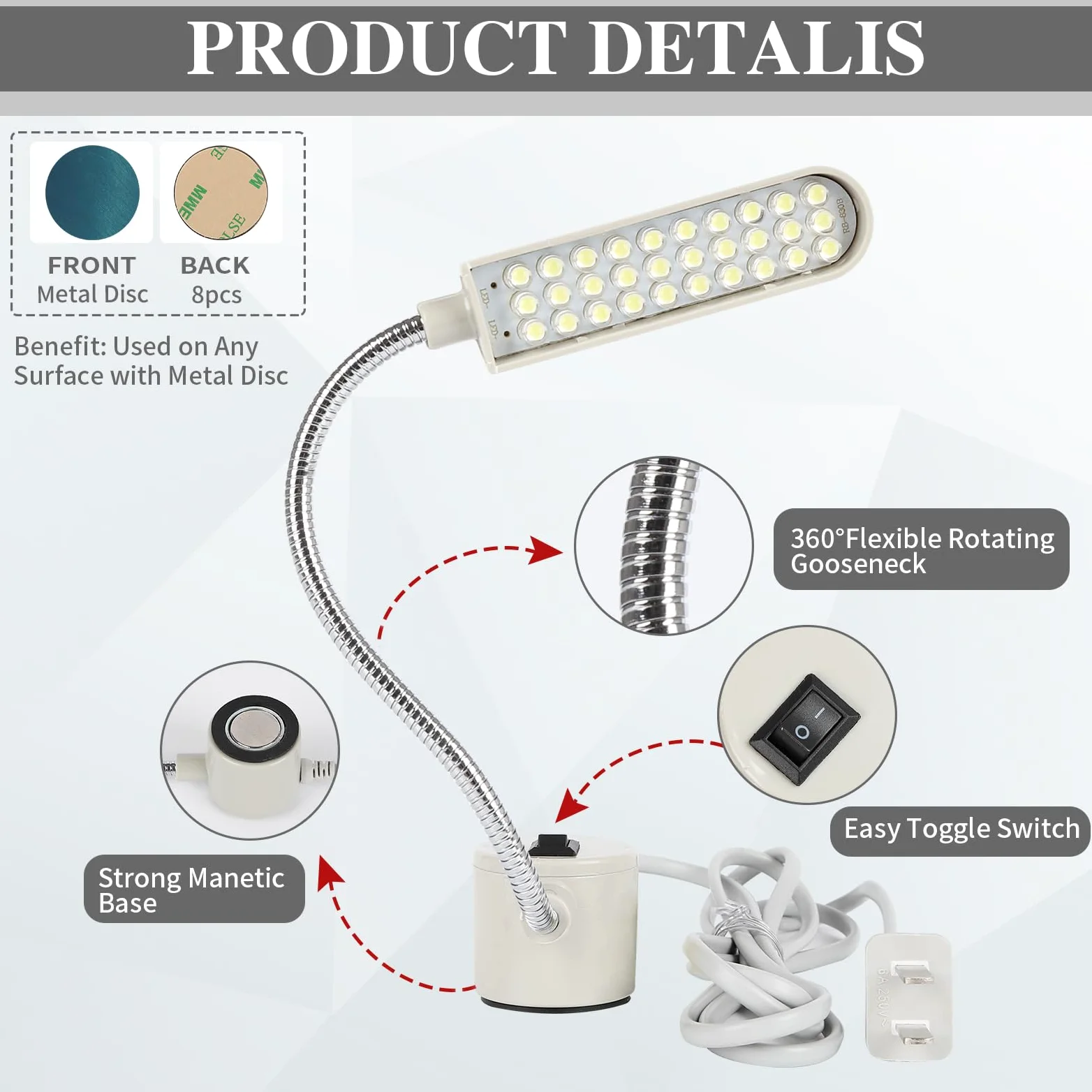 4 luci per macchina da cucire con 30 LED, multifunzionale, 3 W, braccio magnetico a collo di cigno con base, per tornio, trapano, banco da lavoro