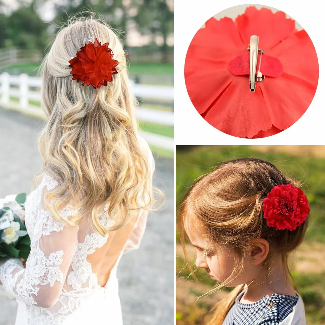 Fermaglio Hawaiana Fiori Orchidea Nuziale Capelli Clip Chiffon Rosso 2 Pezzi