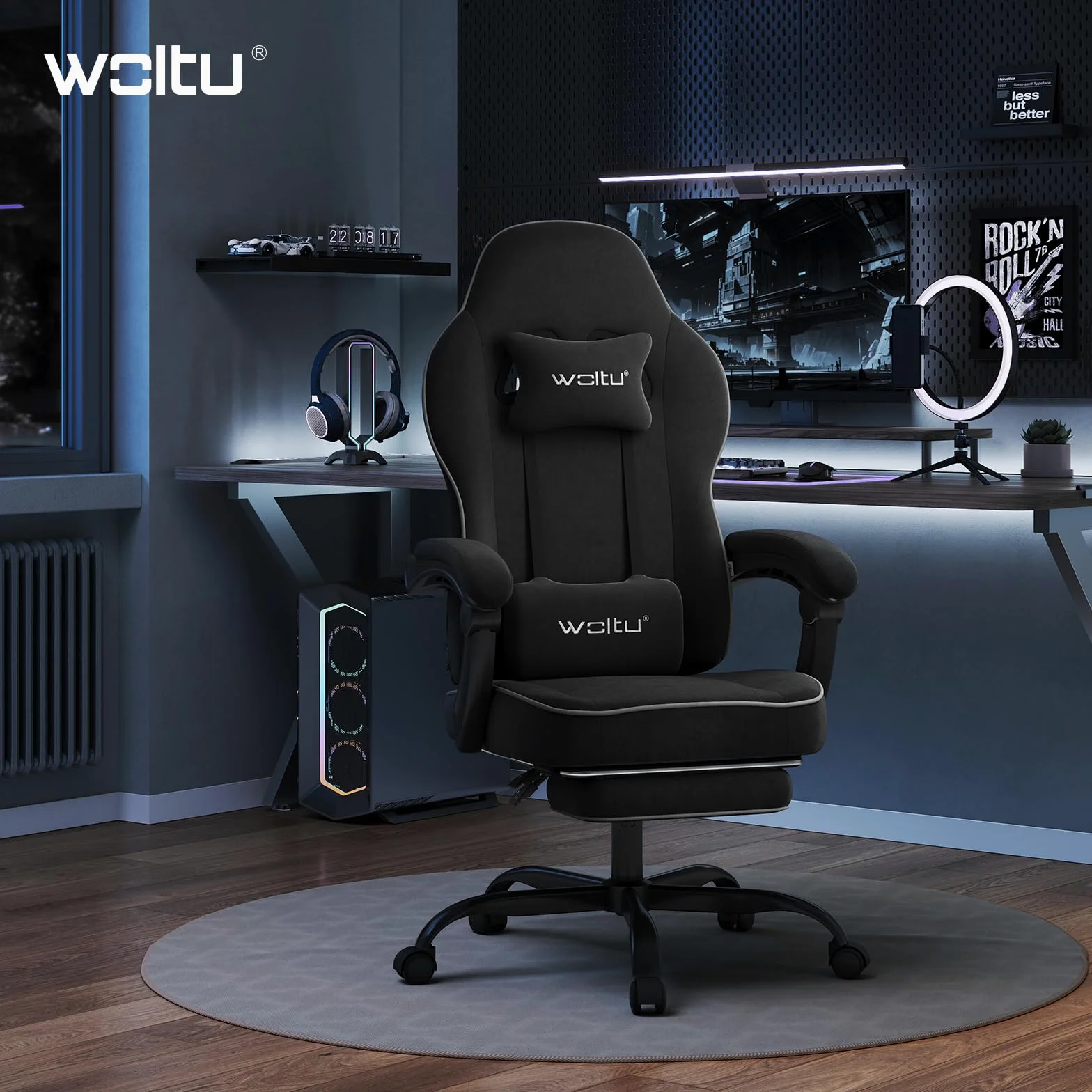 WOLTU Sedia Gaming, Ampia Sedia da Ufficio Ergonomica Imbottita con Cuscino a Molla, Alta Capacità di Carico, Poltrona per Computer con Schienale Alto e Poggiapiedi, Tessuto Tecnologico, Nero, GS10sz