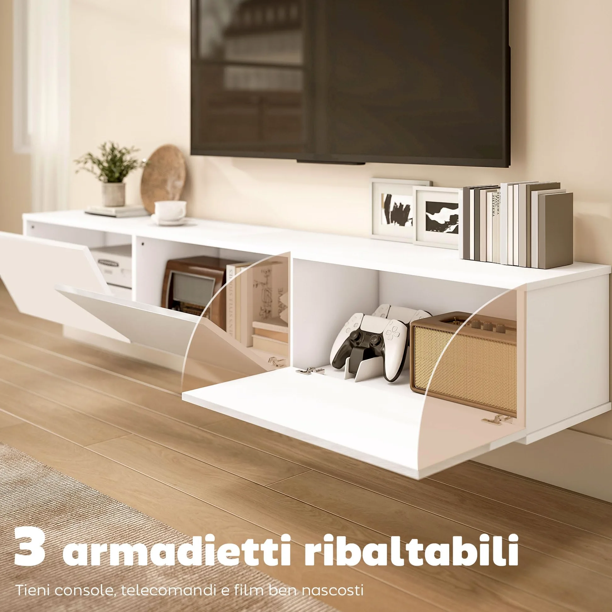 HOMCOM Mobile TV Sospeso, Mobile Porta TV Fino a 82" con Armadietti 3 Ante a Ribalta Soft Close, Mobiletto per Televisore per Soggiorno, Camera da Letto e Salotto, 180x31.5x29.8 cm, Bianco