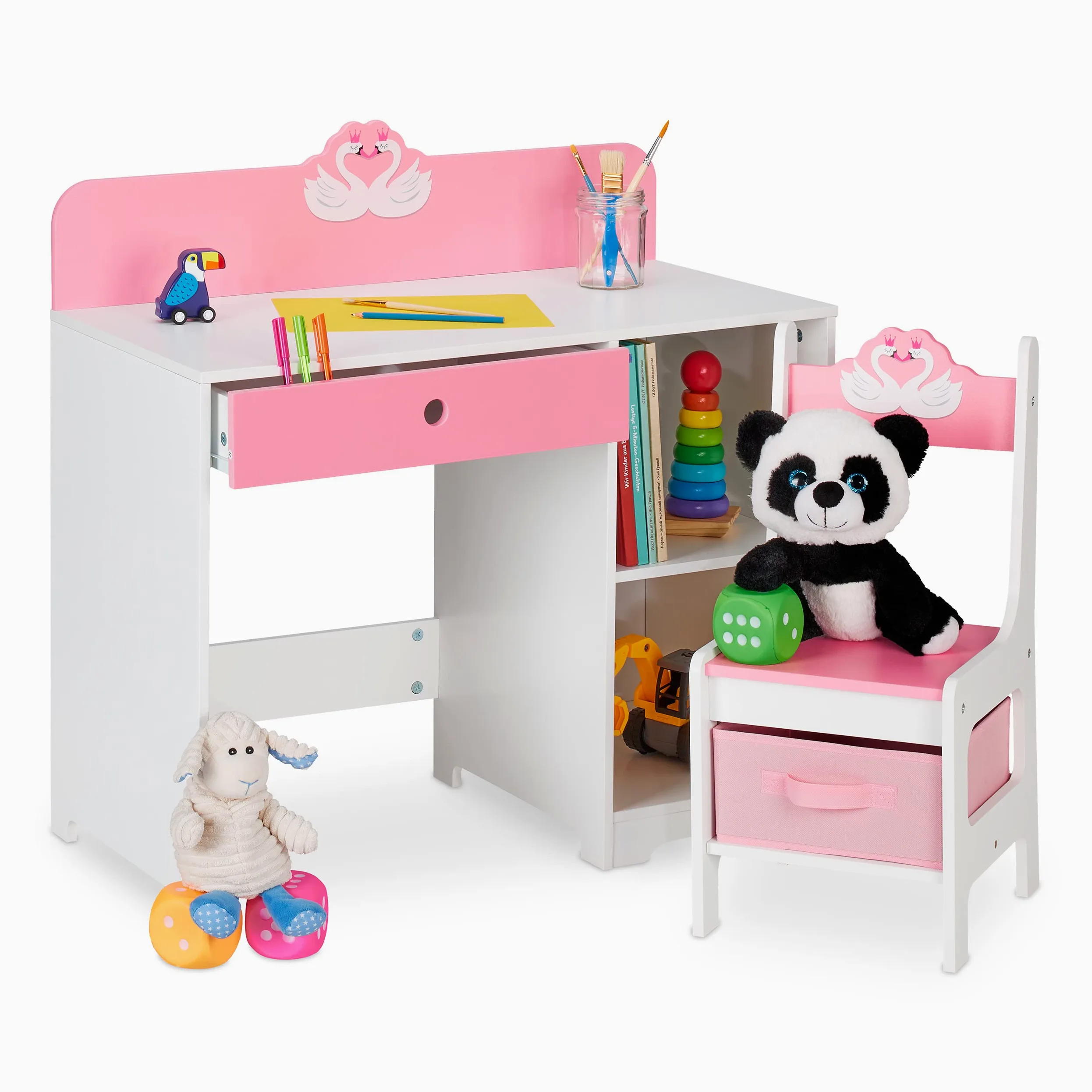 Relaxdays Scrivania e Sedia per Bambini, con Cassetto e 2 Ripiani Aperti, in MDF, Design Cigni Innamorati, Bianco Rosa