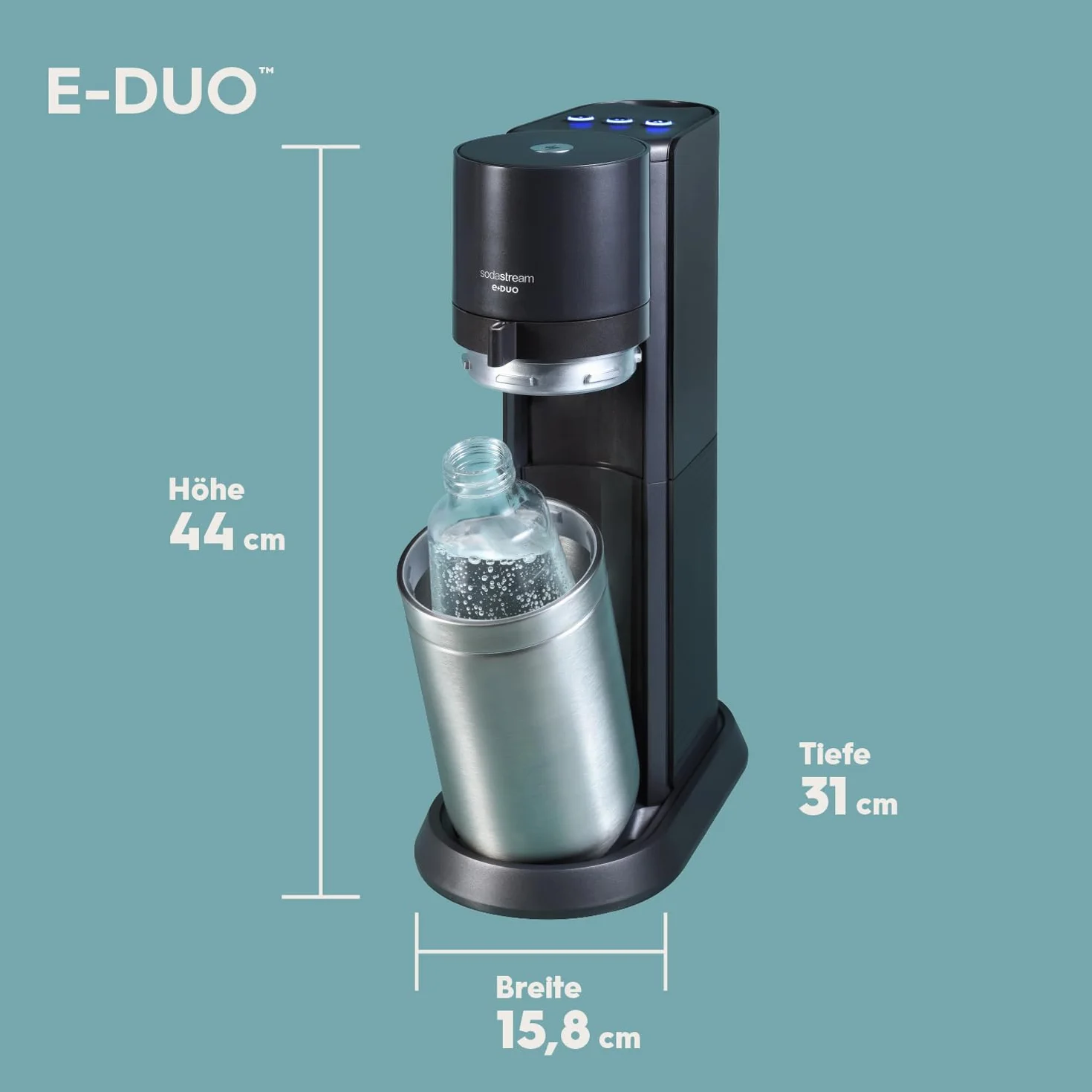 SodaStream E-Duo, spruzzatore elettrico con cilindro CO2, bottiglia di vetro e 2 bottiglie di plastica lavabili in lavastoviglie, altezza: 44 cm, colore: titanio