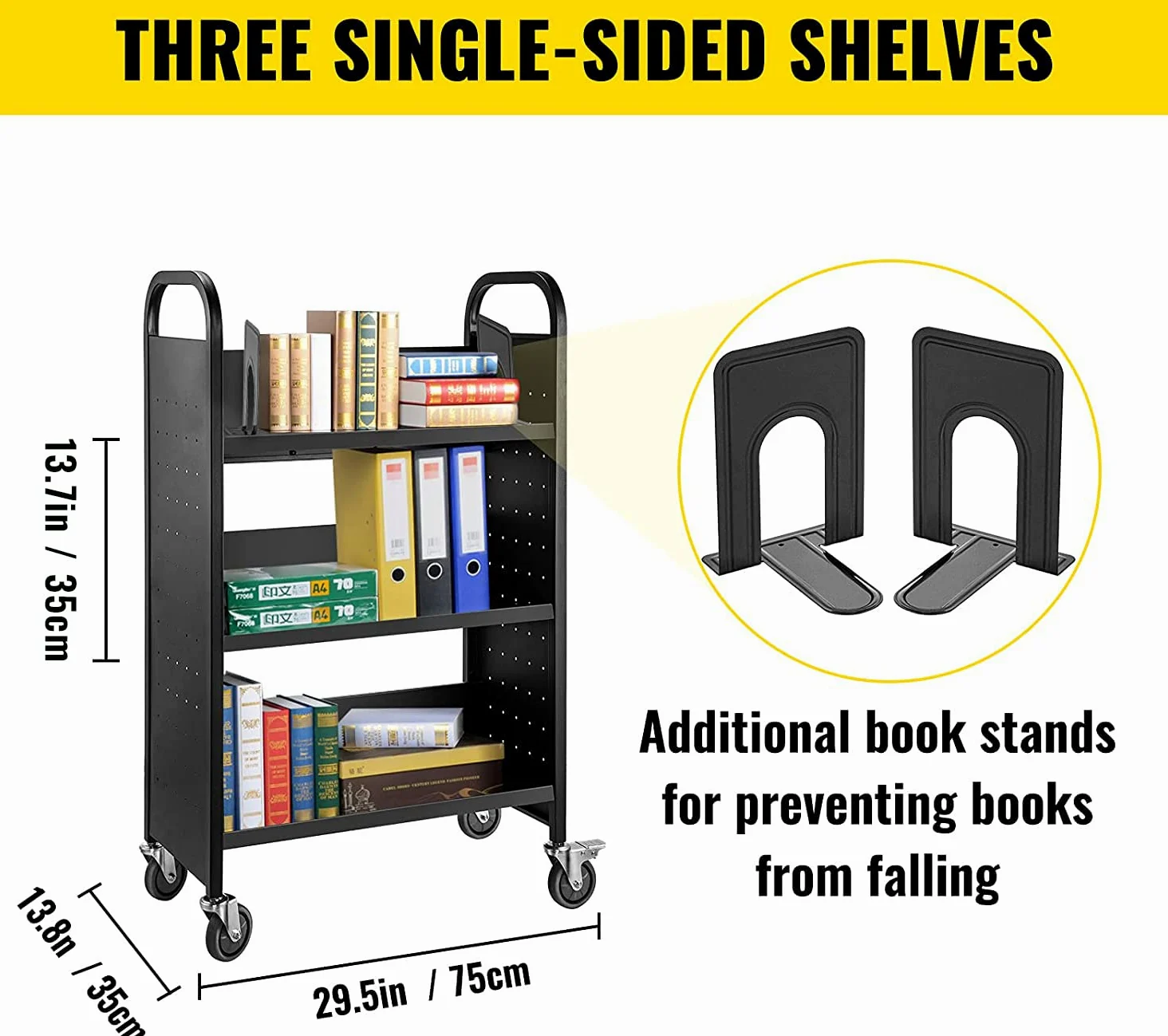 VEVOR Carrello per libri, 90,7 kg, 76 x 35 x 114 cm, ripiani inclinati a forma di V su un lato con ruote bloccabili da 10 cm, per mensole domestiche, ufficio e scuola, camion dei libri in nero