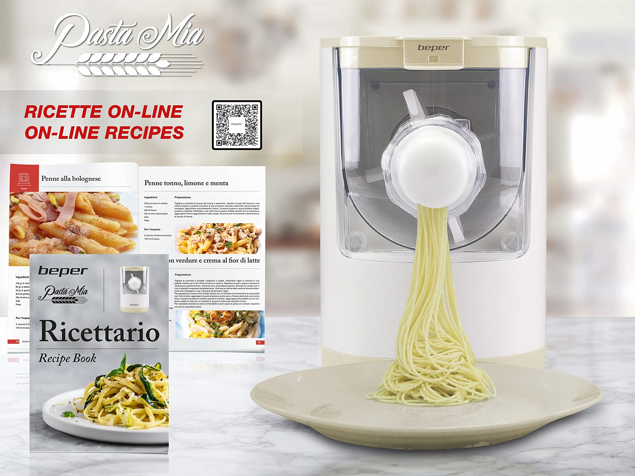 BEPER P102SBA500 Macchina Automatica per la Pasta Fresca, Pasta maker,200W, 320 g di Farina, 8 Trafile diversi formati, Display per il funzionamento, Include Misurino e Spatola