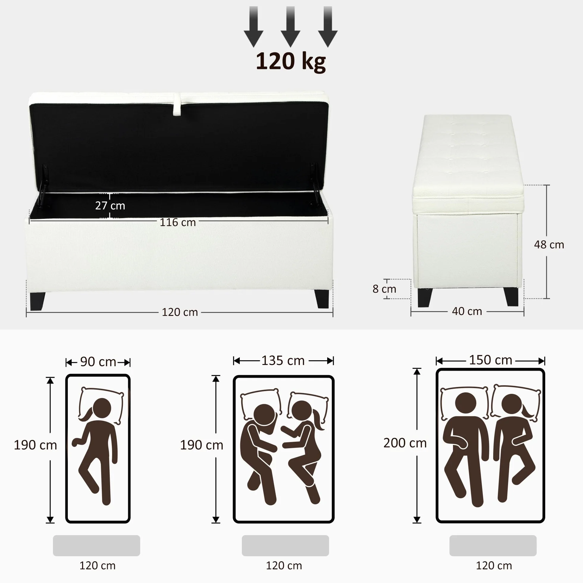 HOMCOM Panca portaoggetti 112L Panca da letto Cassapanca portaoggetti con seduta imbottita, tessuto di lino per soggiorno, camera da letto, ingresso, 120 x 40 x 48 cm, crema
