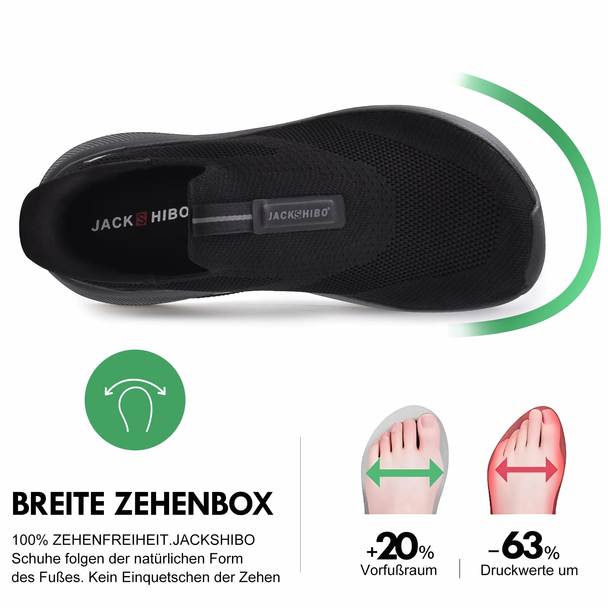 JACKSHIBO Slip a mano libera in scarpe da uomo, slip on sneakers, supporto per l'arco, scarpe ortopediche in memory foam, scarpe da passeggio, con ampia scatola a punta zero, suole, Nero , 47 EU Larga