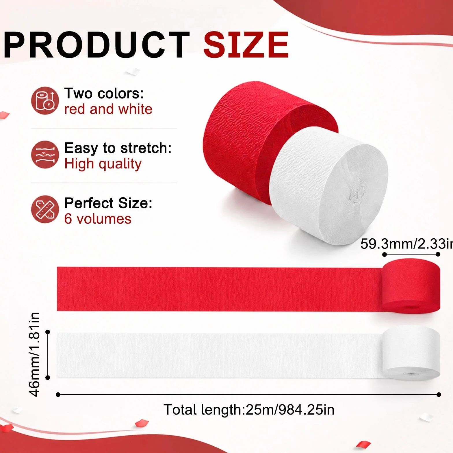 ZIJANG Carta Crespa 6 fogli 4,5 cm x 25 m bianco rosso