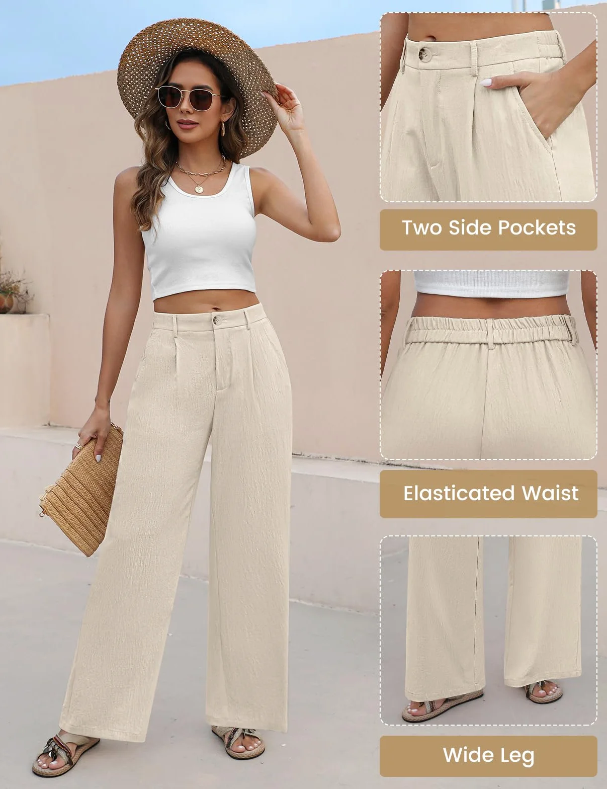 Pantaloni Donna Leggeri Eleganti Estivi Comodi Larghi | Elastico Vita, Alta Vita, Solido Sciolto, Casual, Lunghi, Bottoni, con Tasche, Pantaloni da Completo, Pantaloni Spiaggia