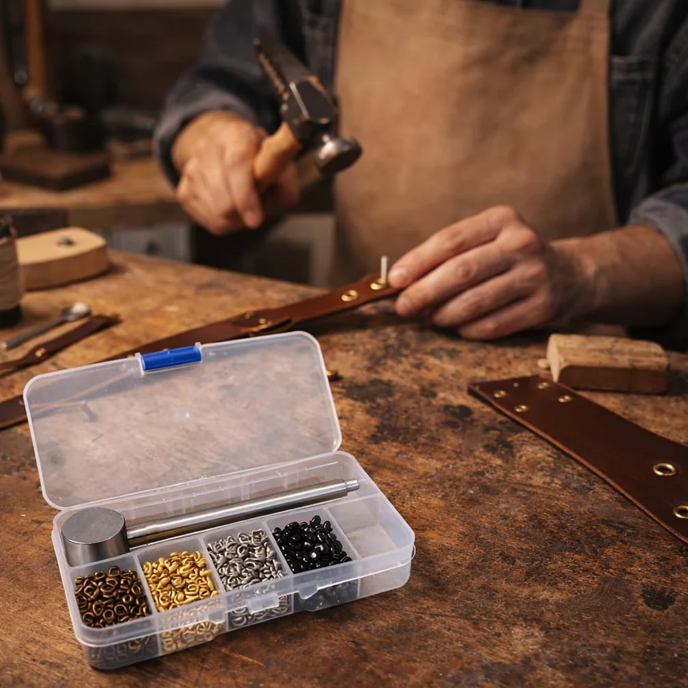 Kit occhielli in metallo per passacavi (2 mm) in ottone/ferro – ideale per borse, scarpe, abbigliamento e pelle; include punzoni e scatola pratica.