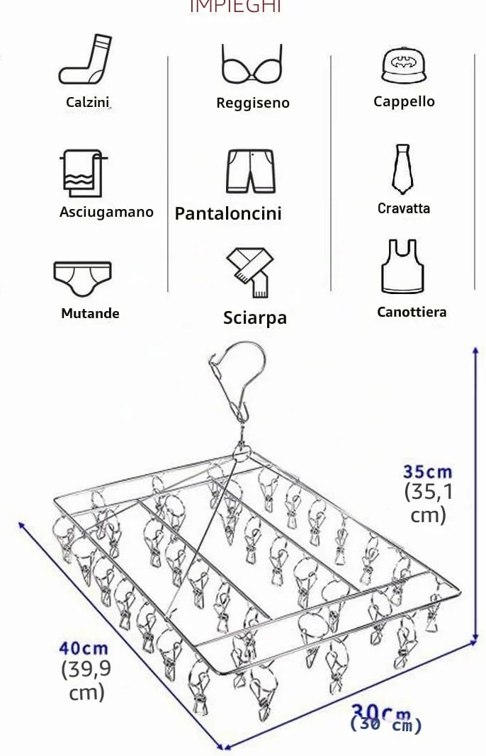 Asciugabiancheria in Acciaio Inox con 36 Pinze Antivento