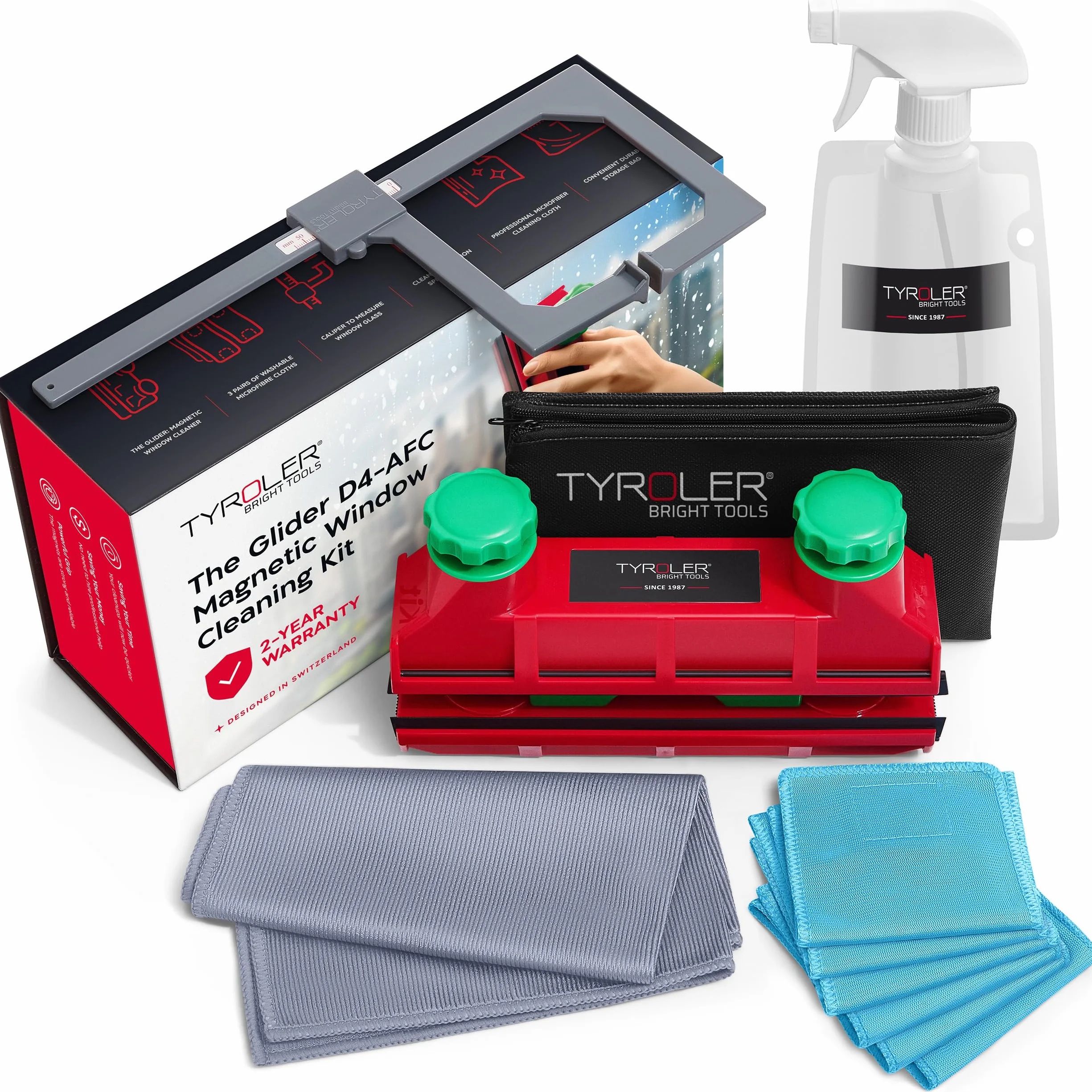 Tyroler Il Glider D-4 Lavavetri Magnetico per Doppio Vetro | Per Vetri da Singoli a Tripli 2-40mm | Pulisci Vetri Magnetico Doppio Per Vetro | Kit Completo per Pulizia Finestre