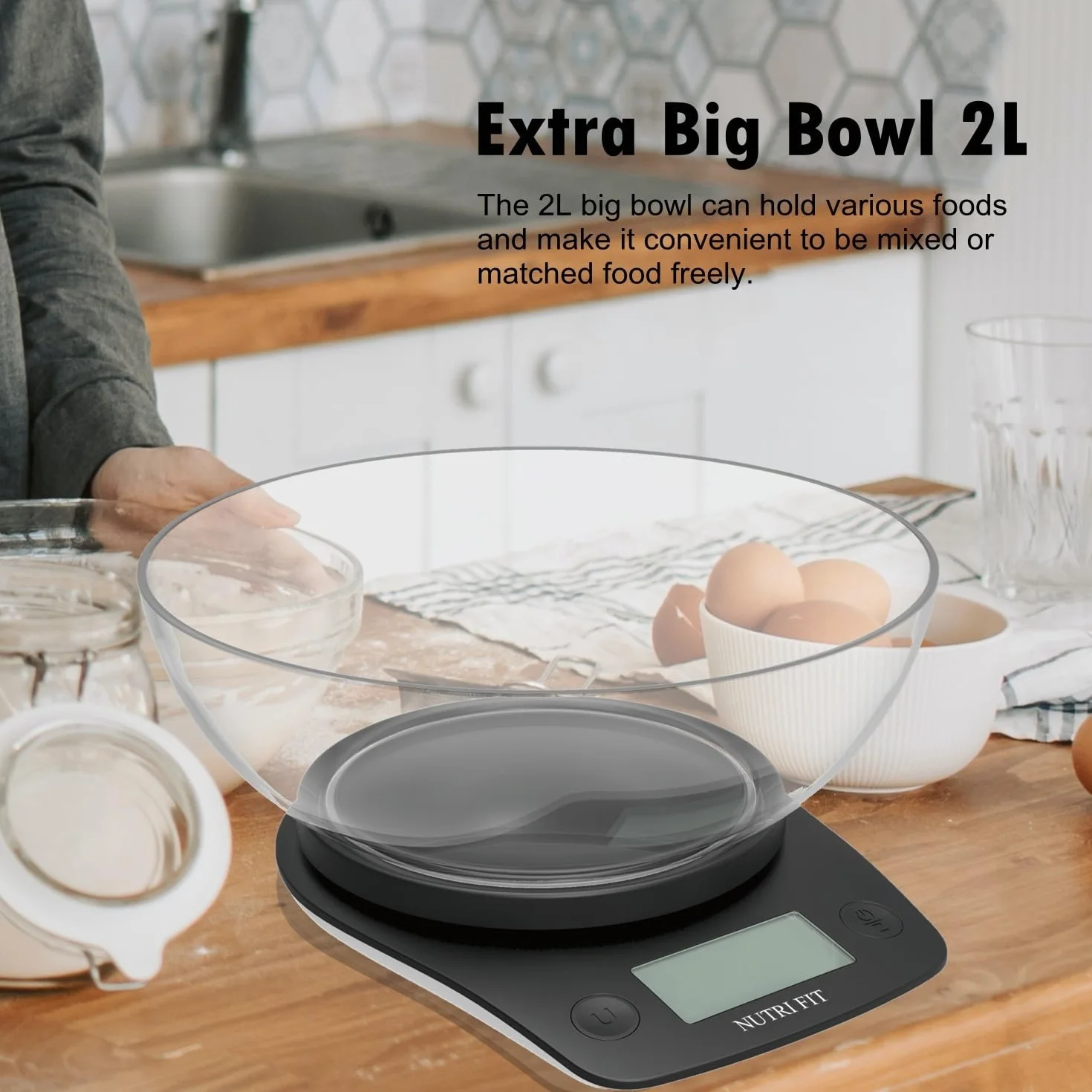 NUTRI FIT Bilancia digitale per alimenti con ciotola da 2L, bilancia da cucina digitale per cucinare once e grammi, 4 unità con precisione 0,1 oz/1 g, ampio display LCD-Nero