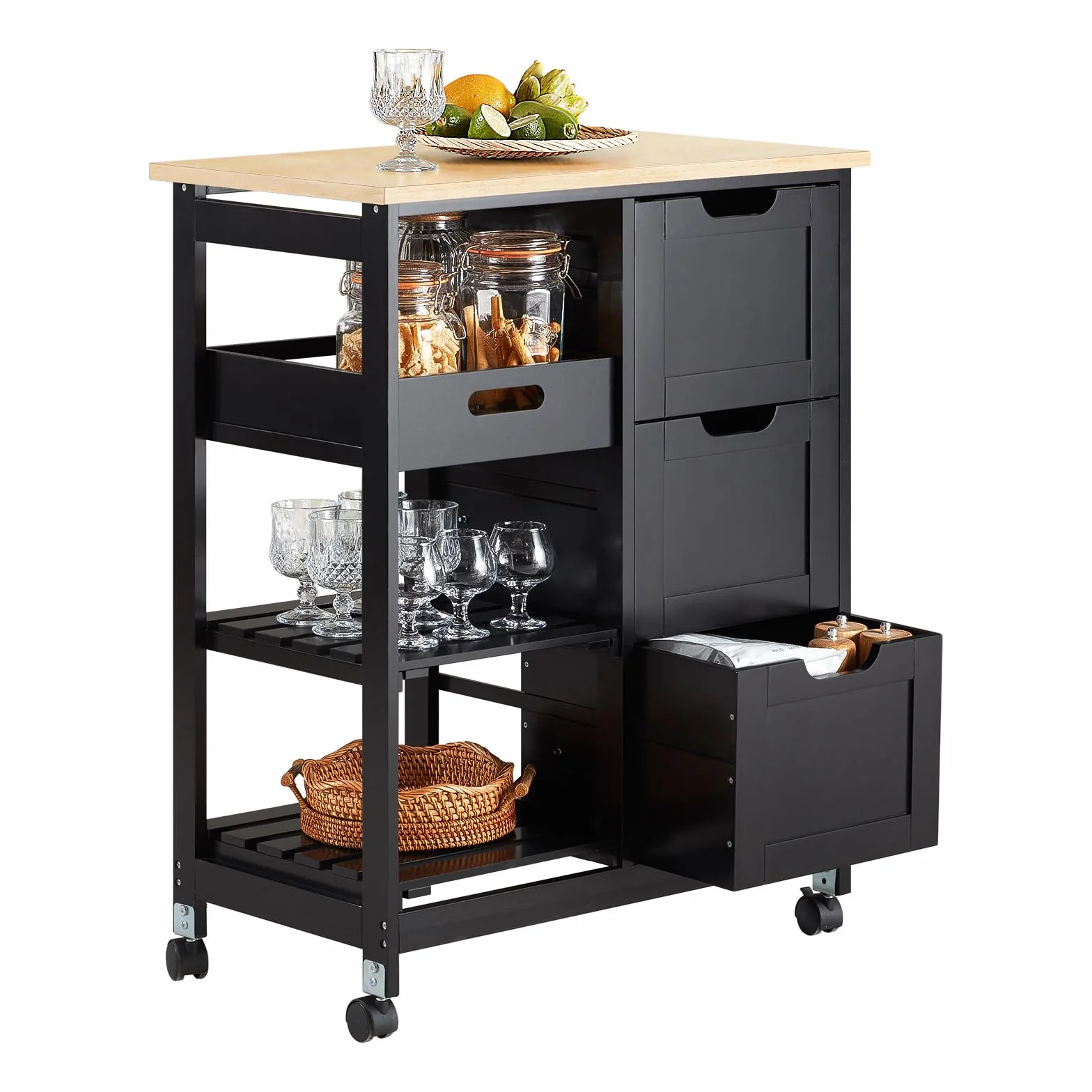 SoBuy Carrello Cucina con 3 Cassetti e 1 Cestino, Mobiletto Cucina Salvaspazio con 4 Ruote Girevoli, Credenza Cucina o Bagno, Mobiletto Cucina Dispensa, L68 x P38 x A85 cm, nero,FKW79-SCH