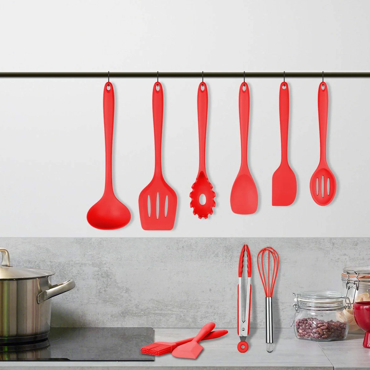 Utensili da cucina in silicone domestici di Lysport (10 pezzi) Utensili di cottura e cottura resistenti al calore Non Stick - Non Scratch Utensili da cucina Cucina buona Helper (Rosso)