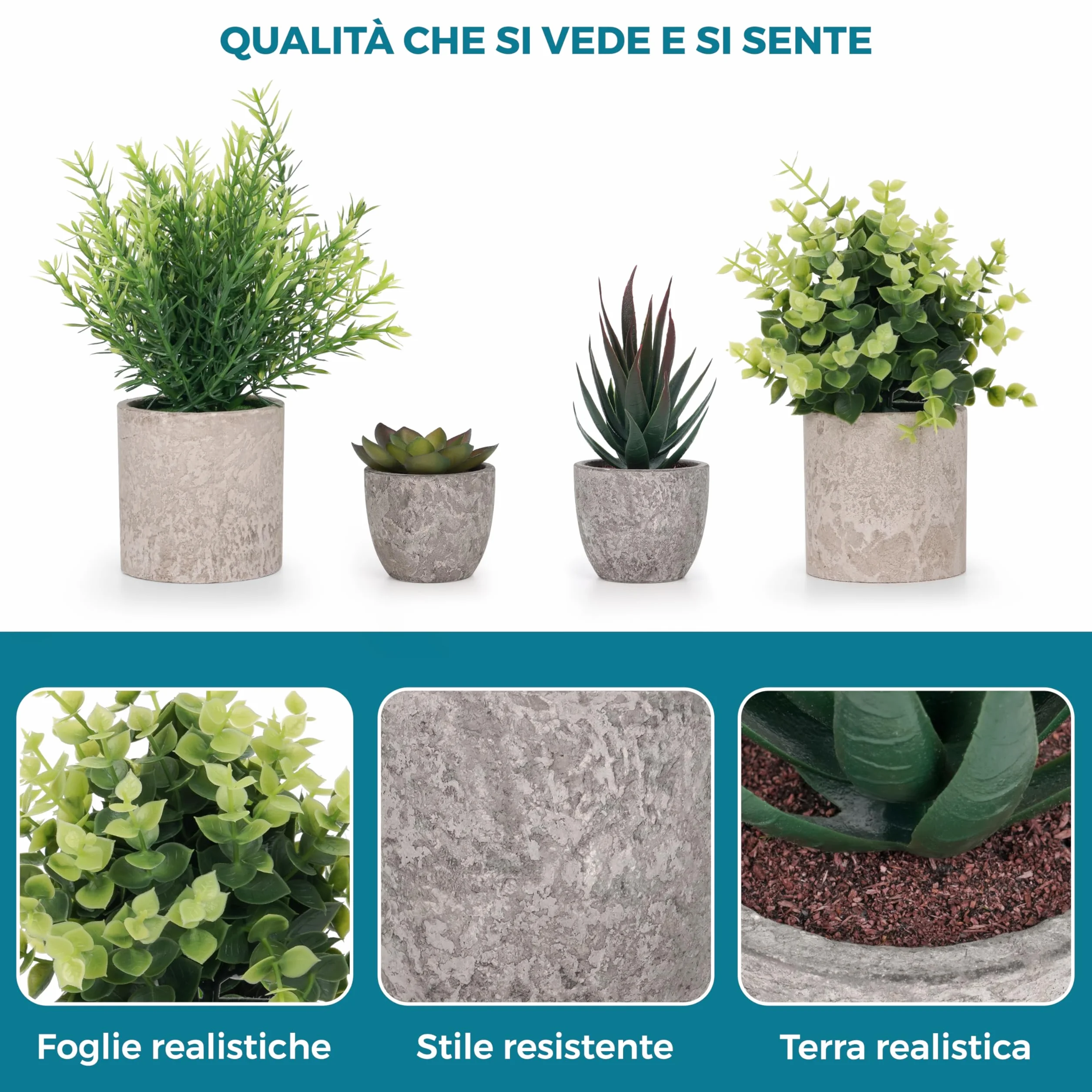 Winter Shore Piante Finte Piccole Verdi Set da 4 - Piantina Finta Decorativa con Fascino Rustico - Piante da Interno in Vaso per Bagno e Ufficio - Eucalipto e Piante Grasse Finte