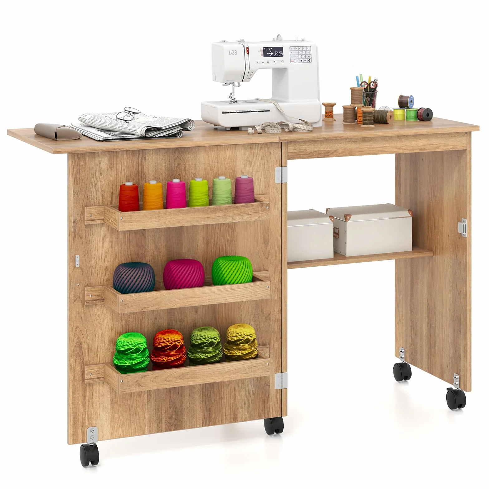 COSTWAY Tavolo da Cucito Pieghevole, Mobile per Macchina da Cucire con Ripiano Portaoggetti, 3 Scomparti Nascosti e Ruote Bloccabili, Mobile Multiuso per Piccoli Spazi (Legno, 118,5 x 40 x 79,5 cm)