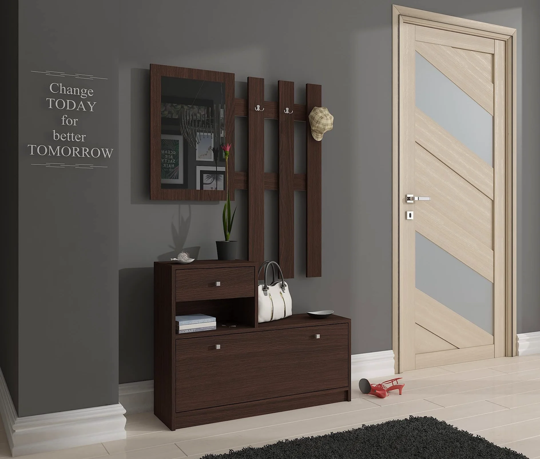 AKORD | Guardaroba Completo 2 Pezzi | Scarpiera con Piano e Cassetto 90 x 70 x 25 cm | e Appendiabiti a Muro con Specchio 90 x 100 cm | Set Completo Ingresso | Peso 39 kg | Wenge