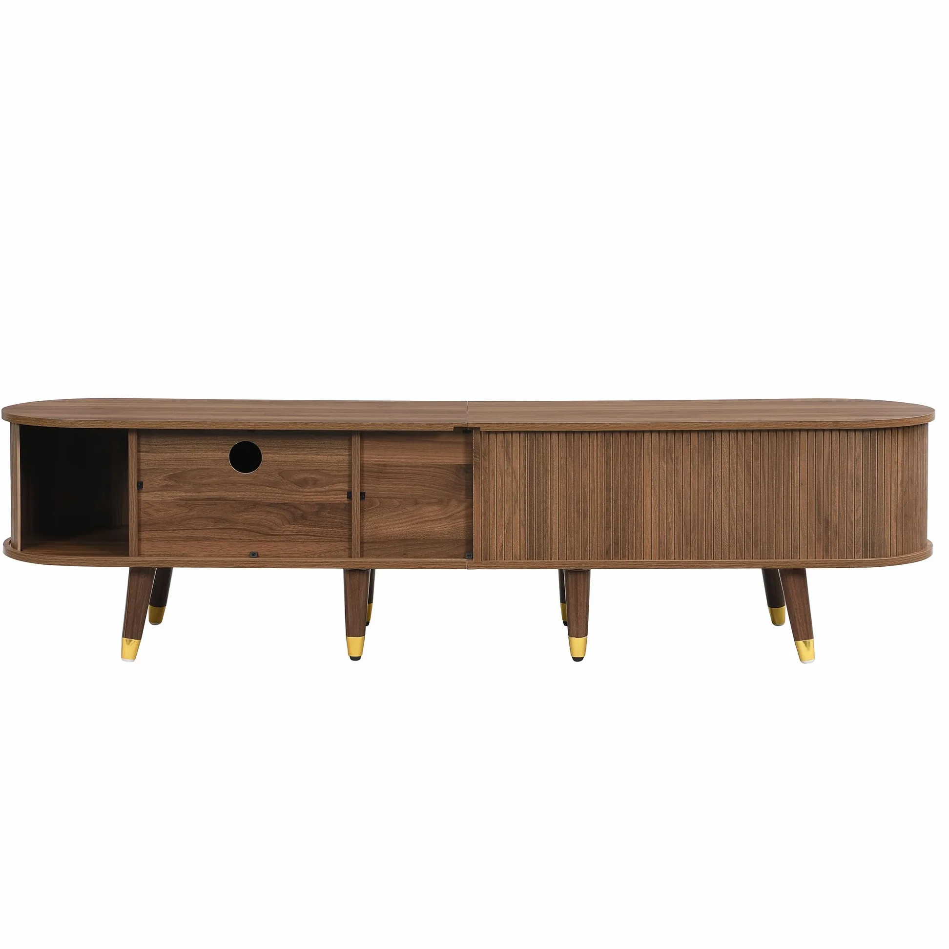 SACOOL Mobile TV stile rustico, 175 cm, con porta scorrevole in rattan, effetto noce e molto spazio di archiviazione, tavolo per TV in MDF con scomparti aperti, cassetti e armadietto, design naturale