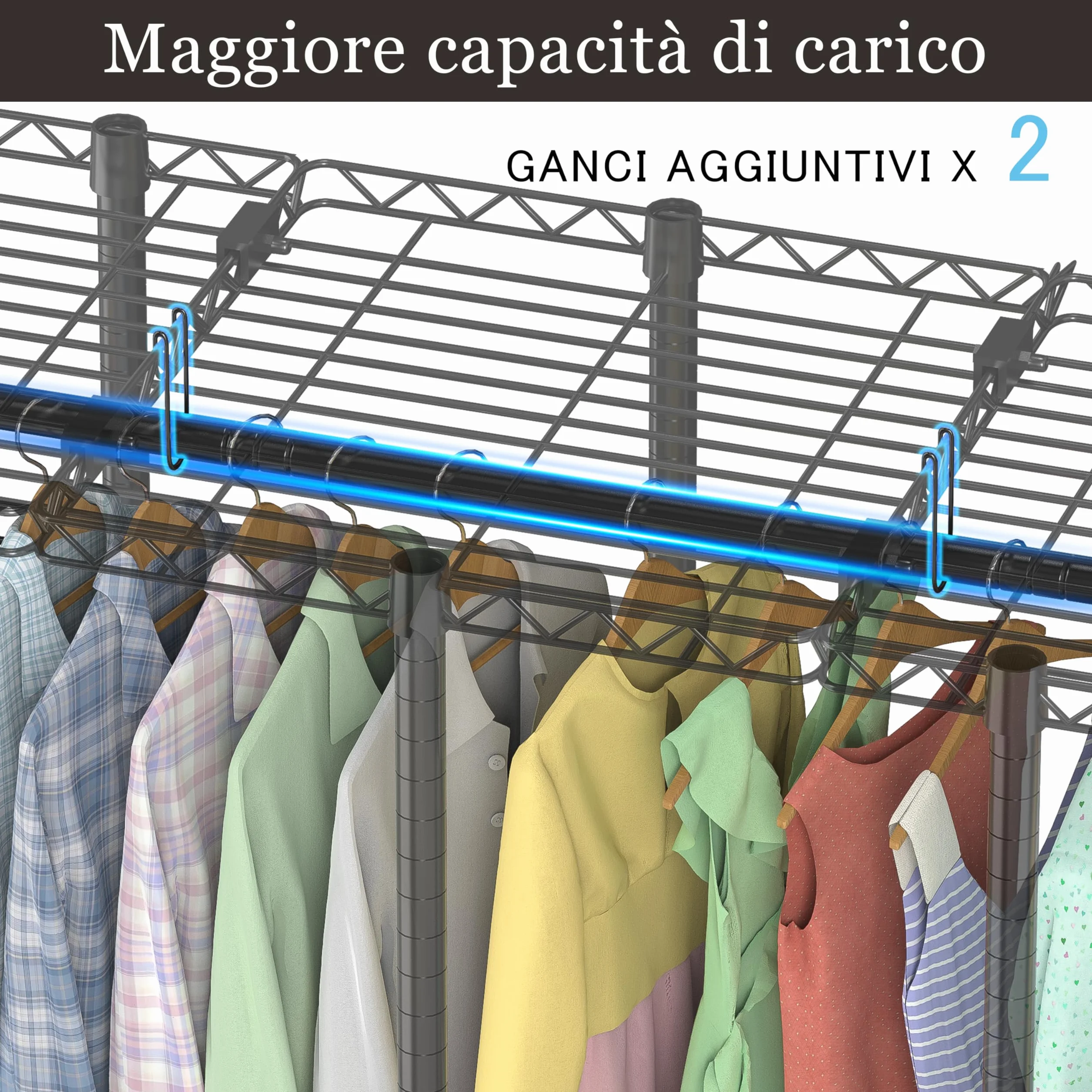 AQRA Stand Appendiabiti in Metallo, Altezza Del Ripiano Regolabile, Grande Capacità Guardaroba, 4 Metodi di Assemblaggio, per Appendere i Vestiti, Riporre i Vestiti, 193,5W×43,5D×195H (Nero)