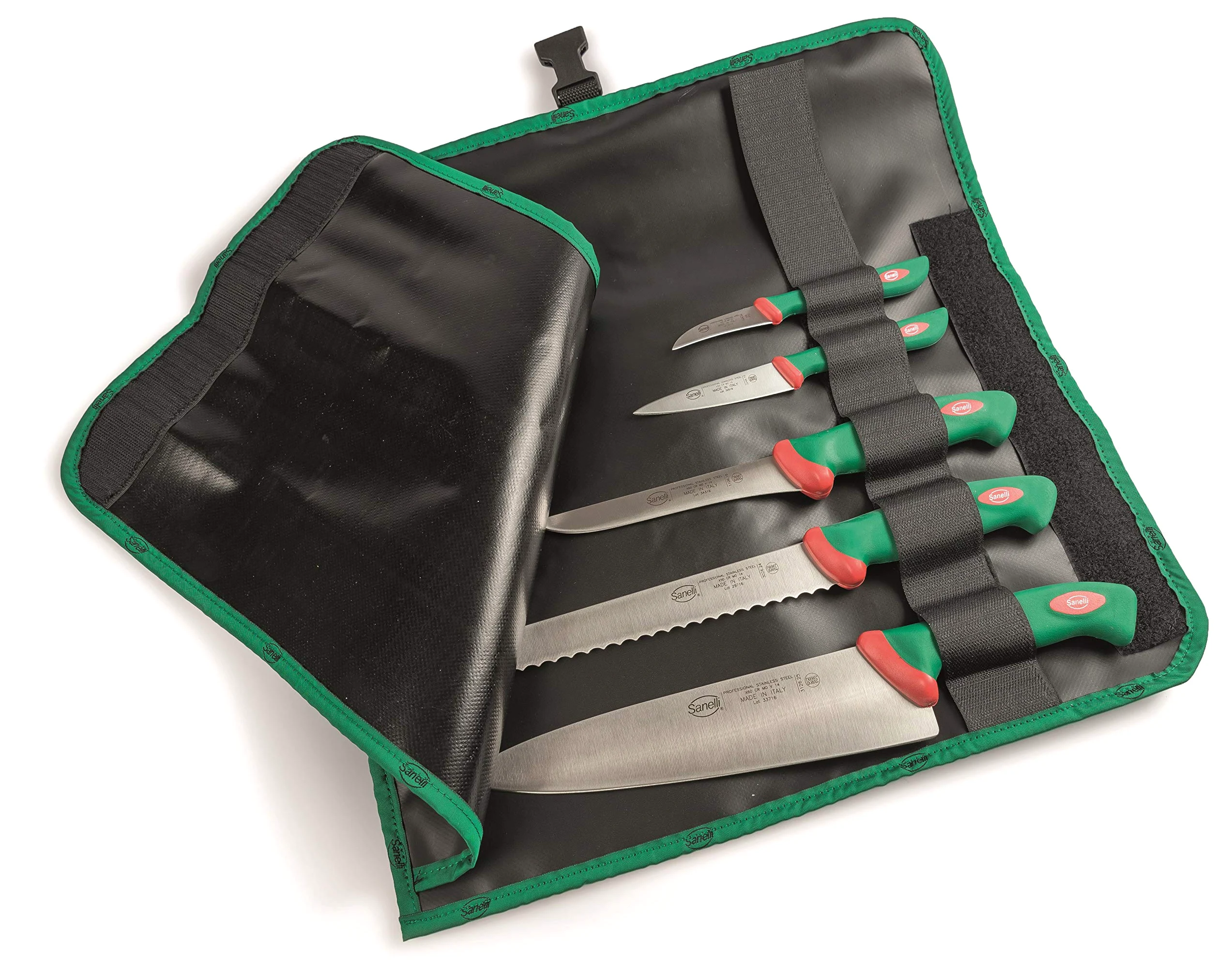 Sanelli Set 5 coltelli Premana Professional Rotolo Cuoco, Cordura, Nero/Verde