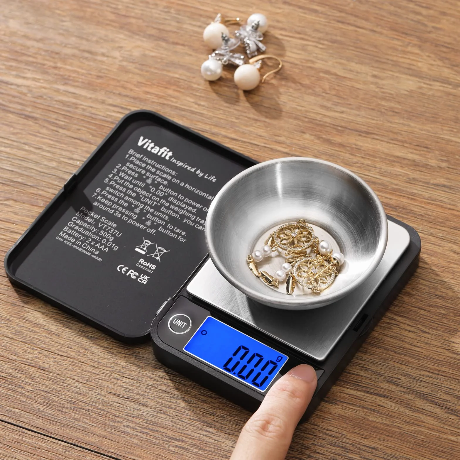 Vitafit Tascabile Digitale 500g/0,01g con Tara e Calibrazione Alimenti Pesa Bilance, Mini Bilancia di Precisione Digitale per Cucina Gioielli Oro Bilancia, 11x8.2cm, Nera