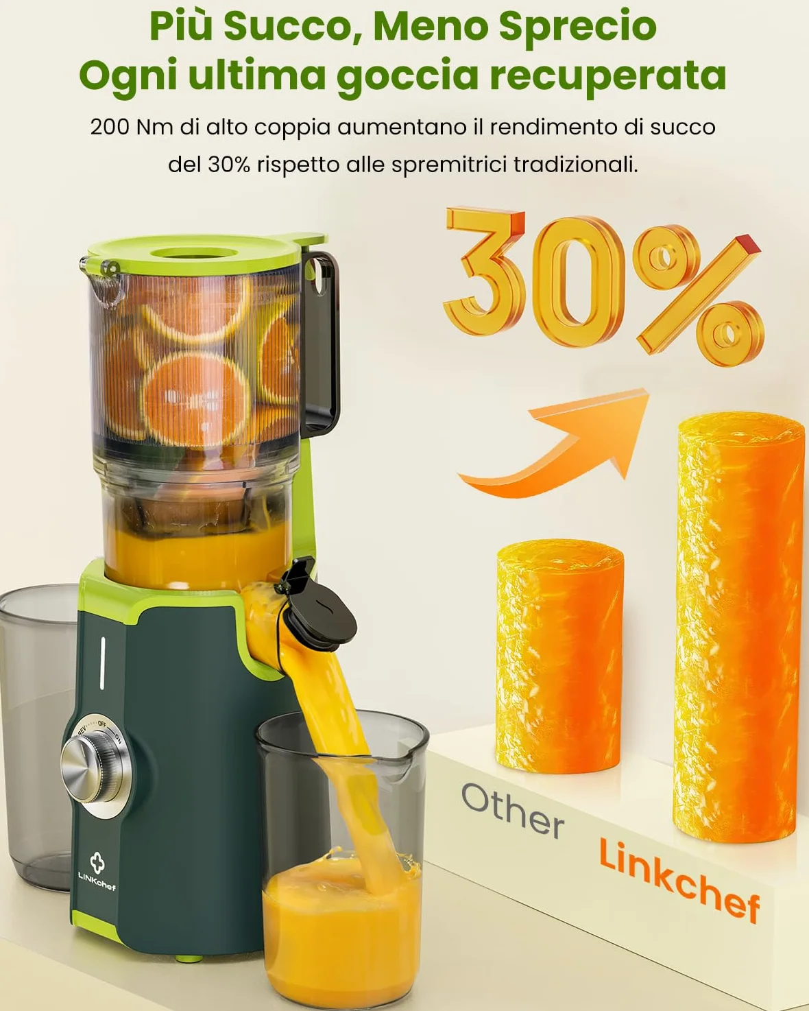 LINKChef Estrattore di Succo a Freddo | 200W Estrattore Frutta e Verdura Intera | Bocca Larga da 115mm | Con Ricettario Incluso | Senza BPA | Facile da Pulire con Funzione Inversa | Verde