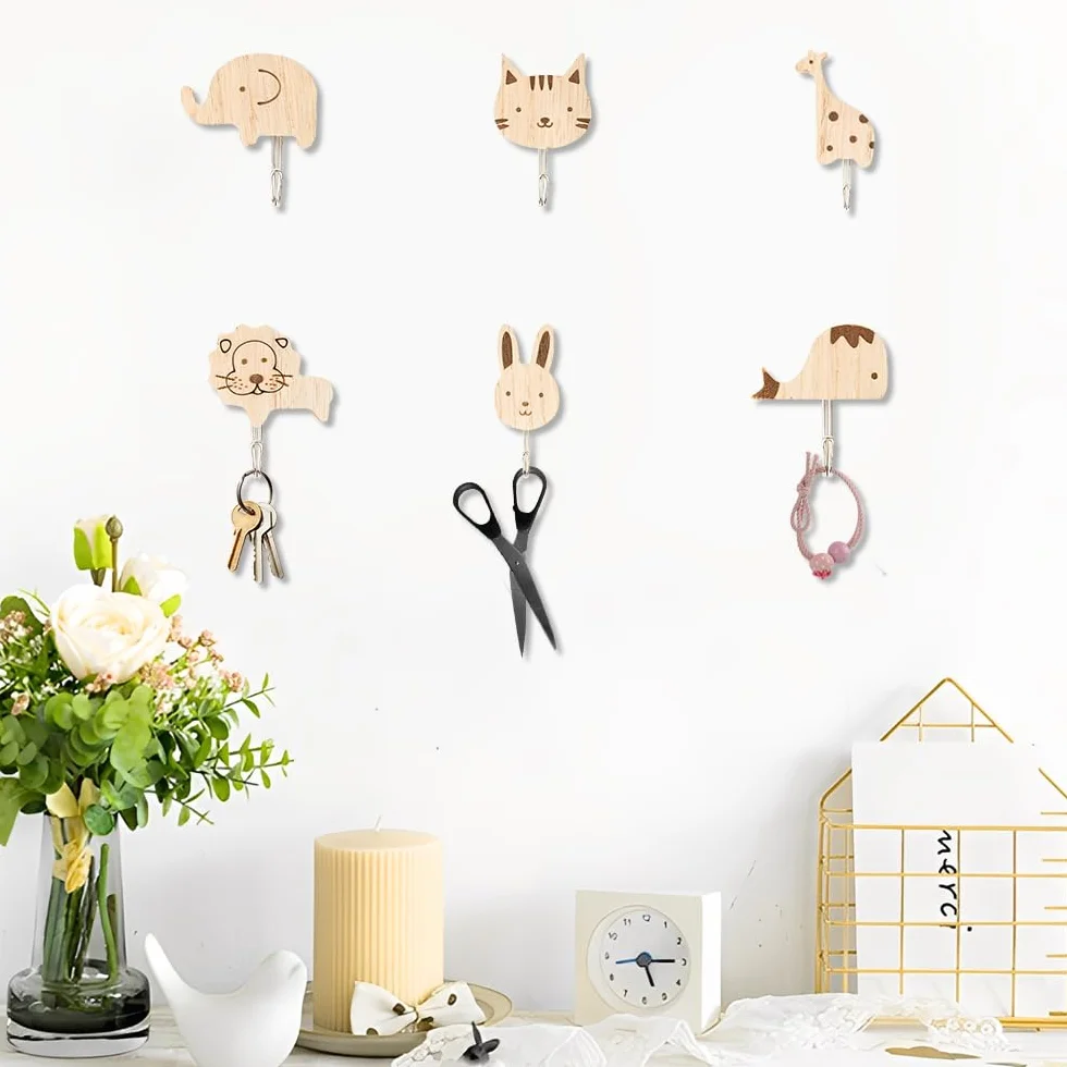 Ganci Appendiabiti da Parete Adesivi Legno Animali, Set 6 Pezzi per Bagno Cucina Camera Bambini