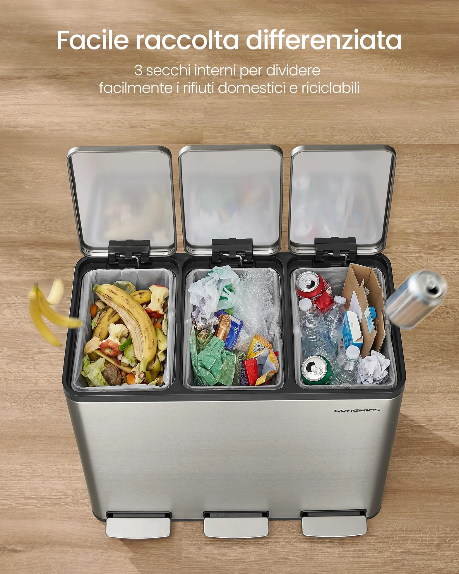 SONGMICS Pattumiera Cucina 3 x 18 L, Cestino per Raccolta Differenziata 3 Scomparti, 15 Sacchetti, Secchi Rimovibili, Coperchio, Maniglie, Chiusura Morbida, Acciaio Inox, Argento LTB254EZ01